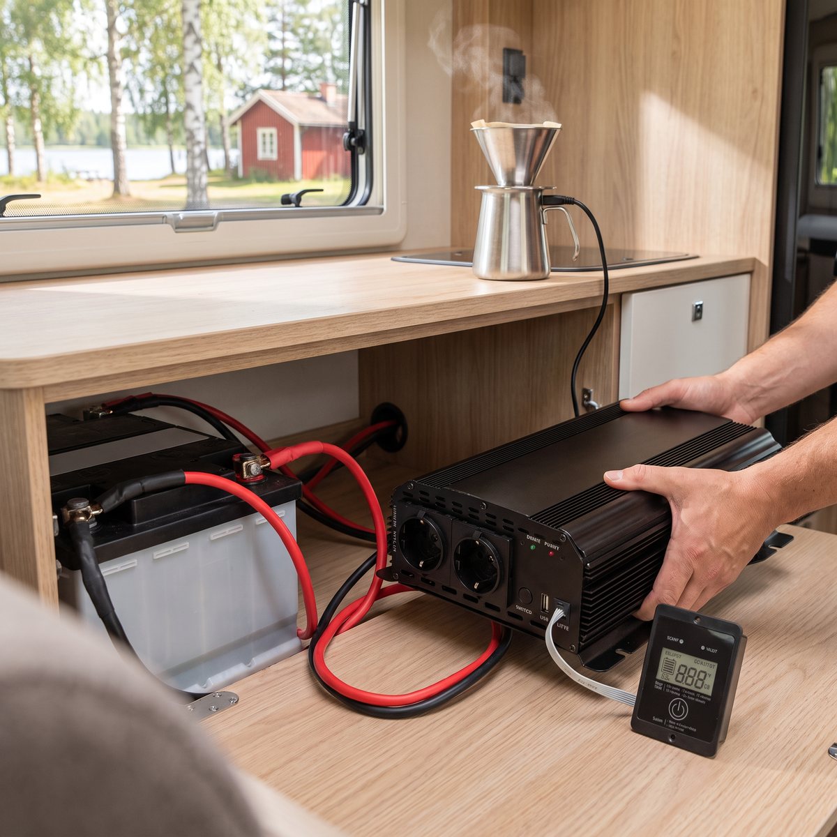 Luxorparts 1000 W med två uttag och fjärrdisplay placeras i husbilens förvaringsfack bredvid fritidsbatteriet, med kaffebryggare på bänken