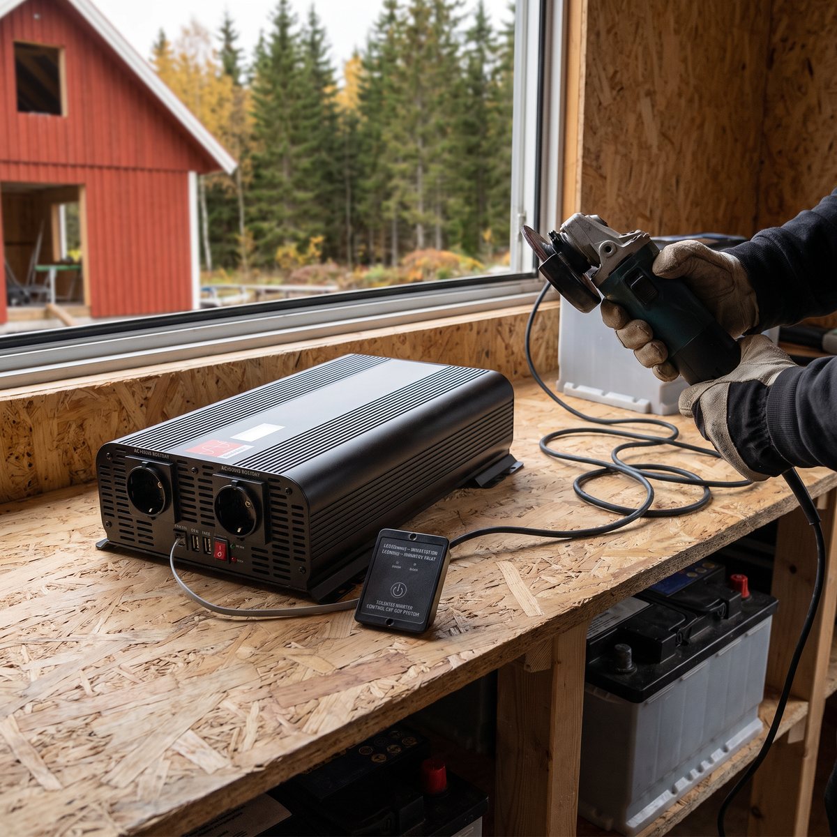 Luxorparts 2000 W på en arbetsbänk i en byggbod med en vinkelslip inkopplad och granskog utanför fönstret