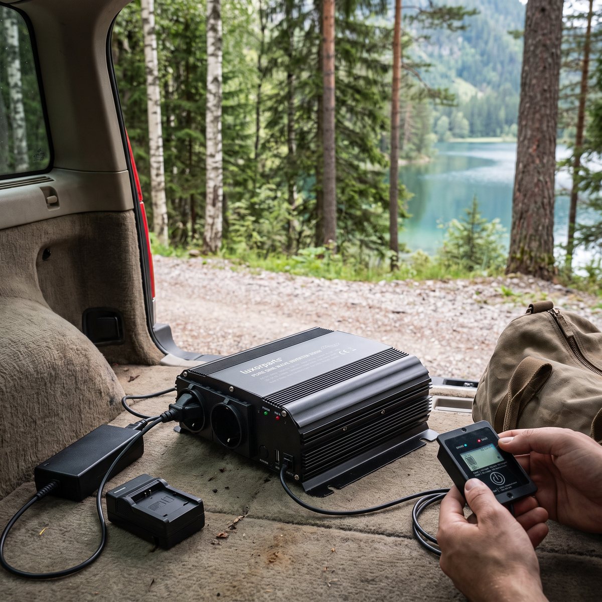 Luxorparts 300 W i bagageutrymmet på en kombi vid en skogssjö, med laddare för dator och kamerabatterier inkopplade