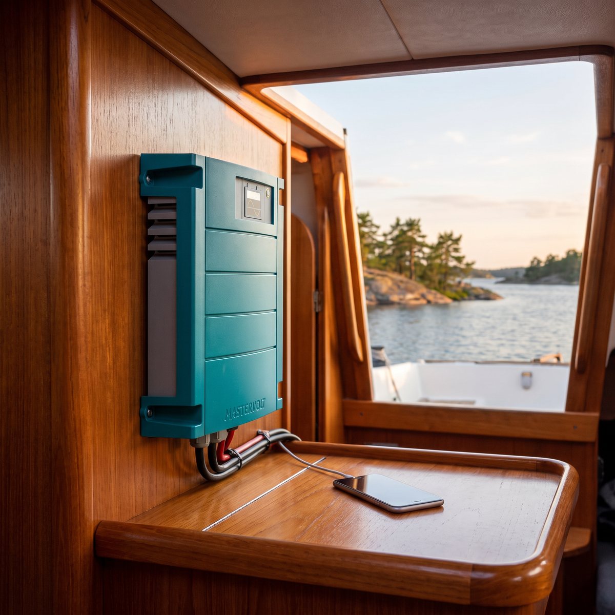 Turkos Mastervolt AC Master 12/500 monterad på teakväggen i en segelbåtskajuta, med en mobil som laddar och skärgård utanför