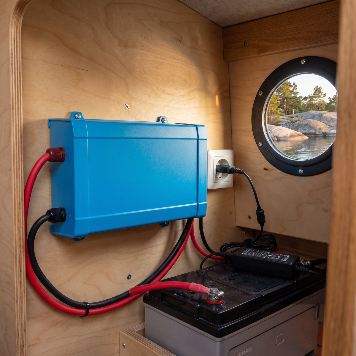 Blå Victron Phoenix Smart 12/800 fast monterad på plywoodväggen i en segelbåt, kopplad till ett batteri, med skärgårdsklippor utanför ventilen