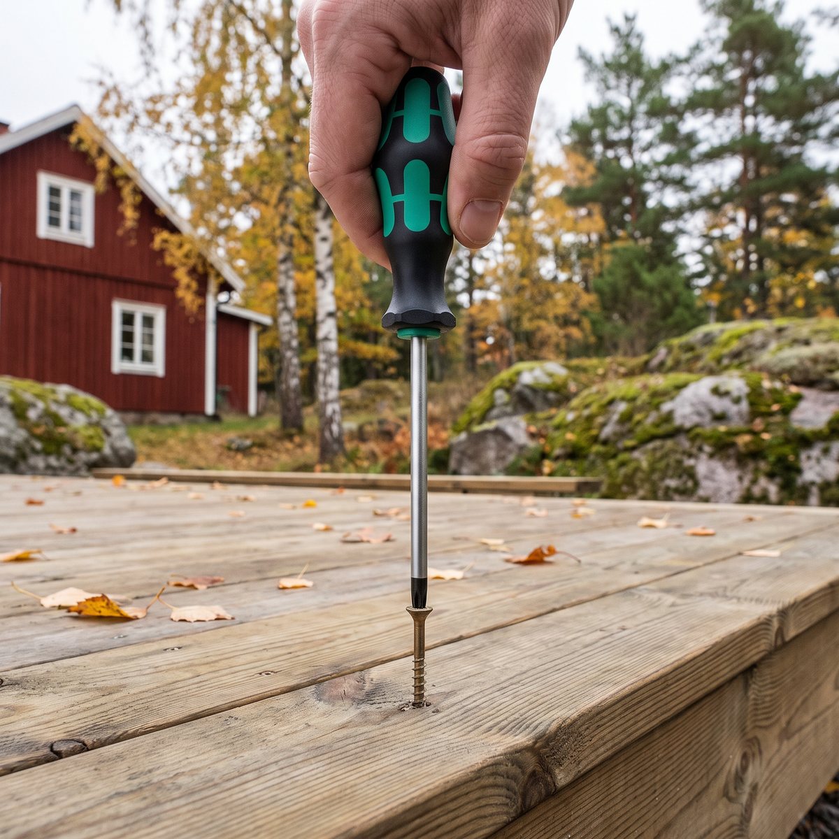 Skruvmejseln Wera 367 med Torx-spets drar en trallskruv i ett trädäck framför ett rött trähus med björkar och mossiga stenar en höstdag