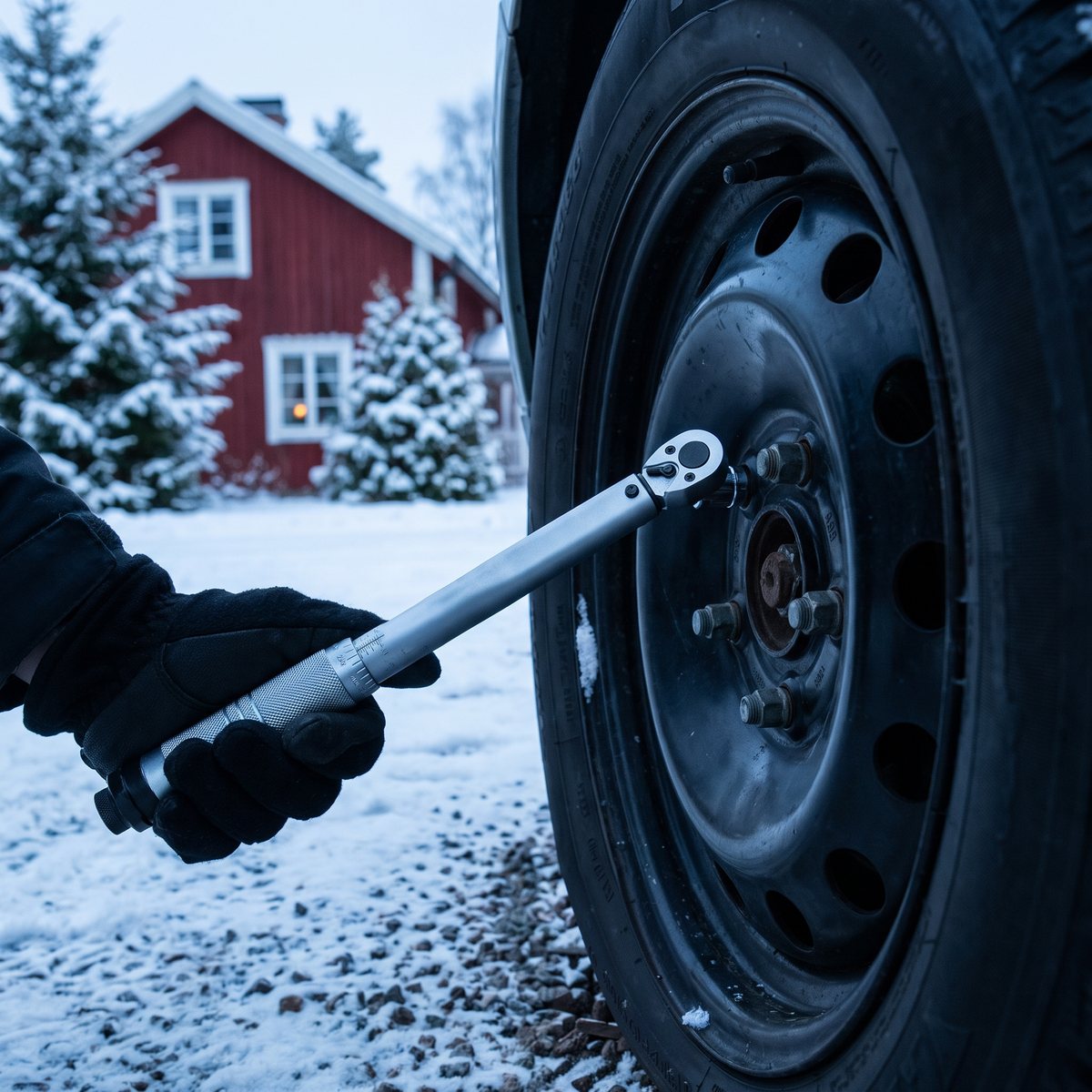 Ironside 117108 momentnyckel på en hjulbult vid vinterdäcksbyte på en snöig uppfart framför ett rött trähus