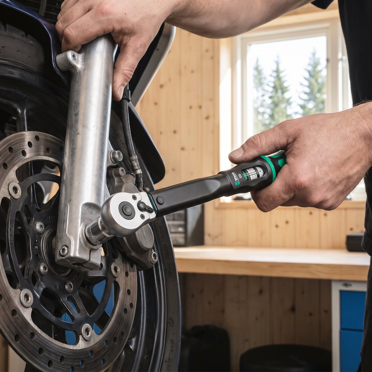 Wera Click-Torque C 2 momentnyckel drar en bult vid framgaffeln på en motorcykel i ett garage med ljusa panelväggar