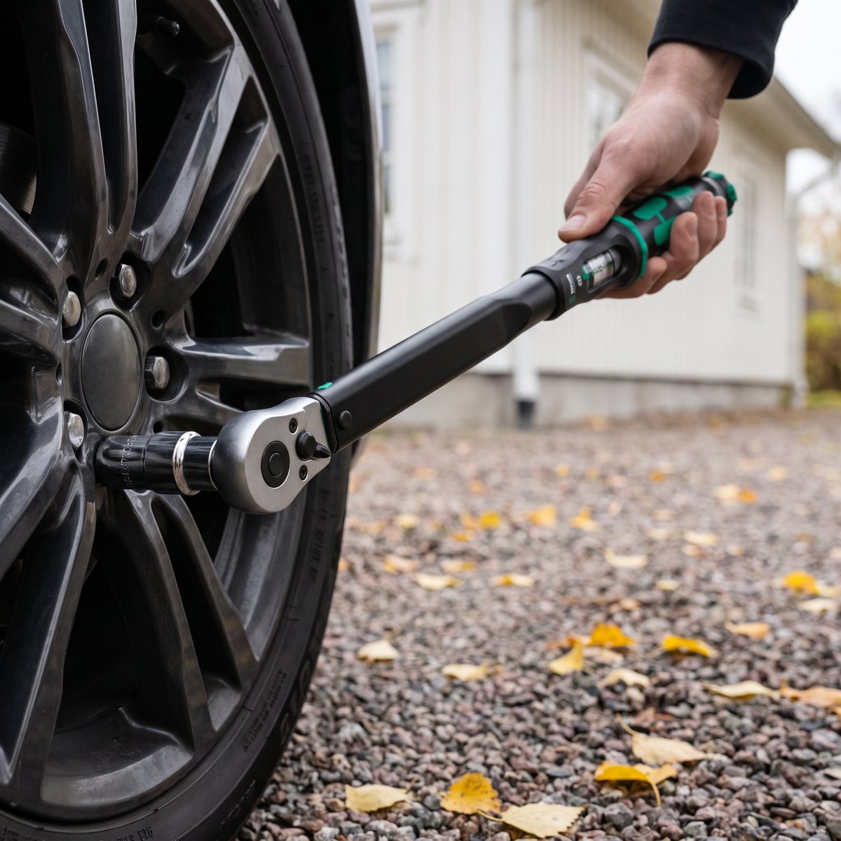 Wera Click-Torque C 3 momentnyckel på en hjulbult vid hjulbyte på en grusuppfart med höstlöv framför ett vitt trähus