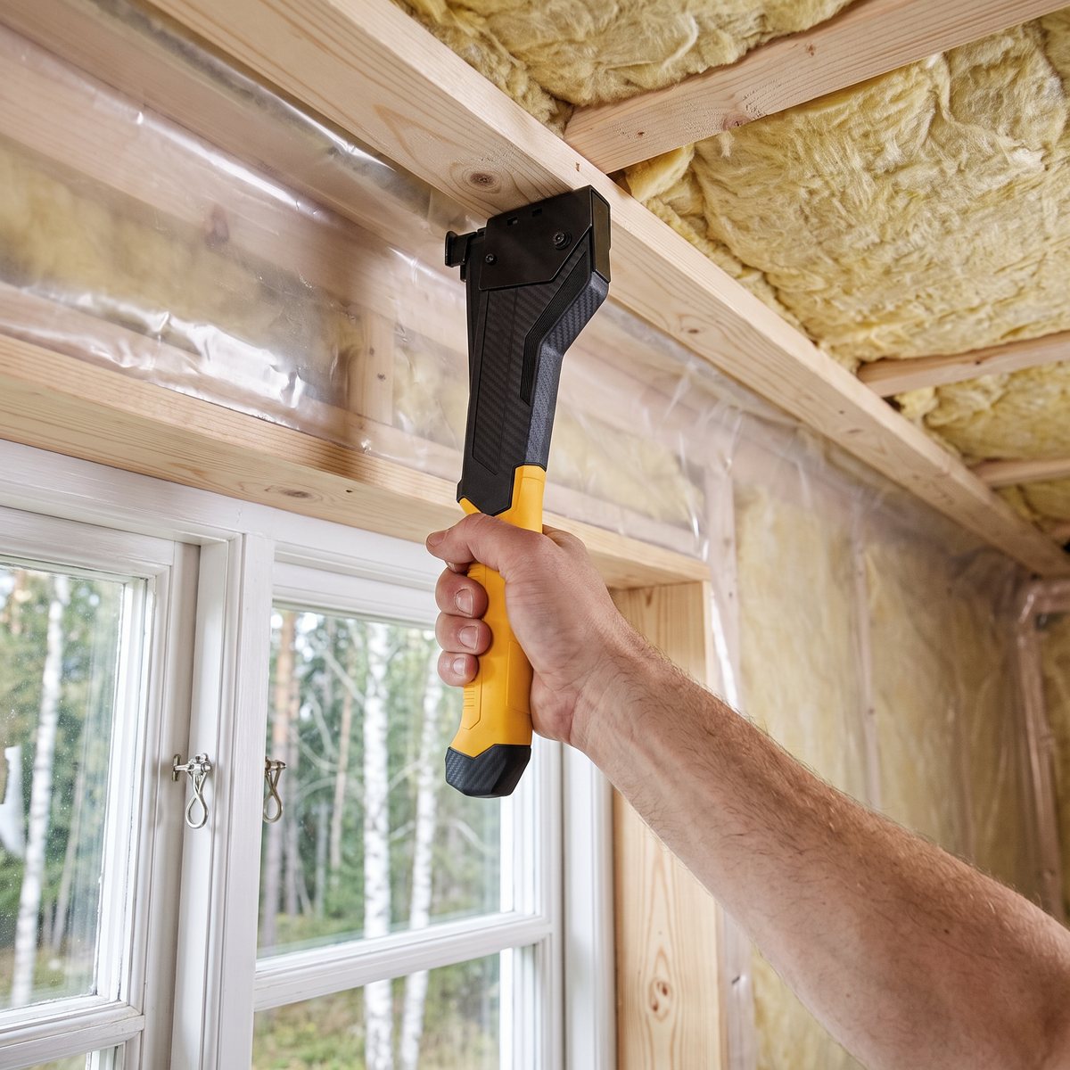 Dewalt DWHT75900-0 i svart och gult hålls upp mot ett takbjälklag med plastfolie vid en renovering