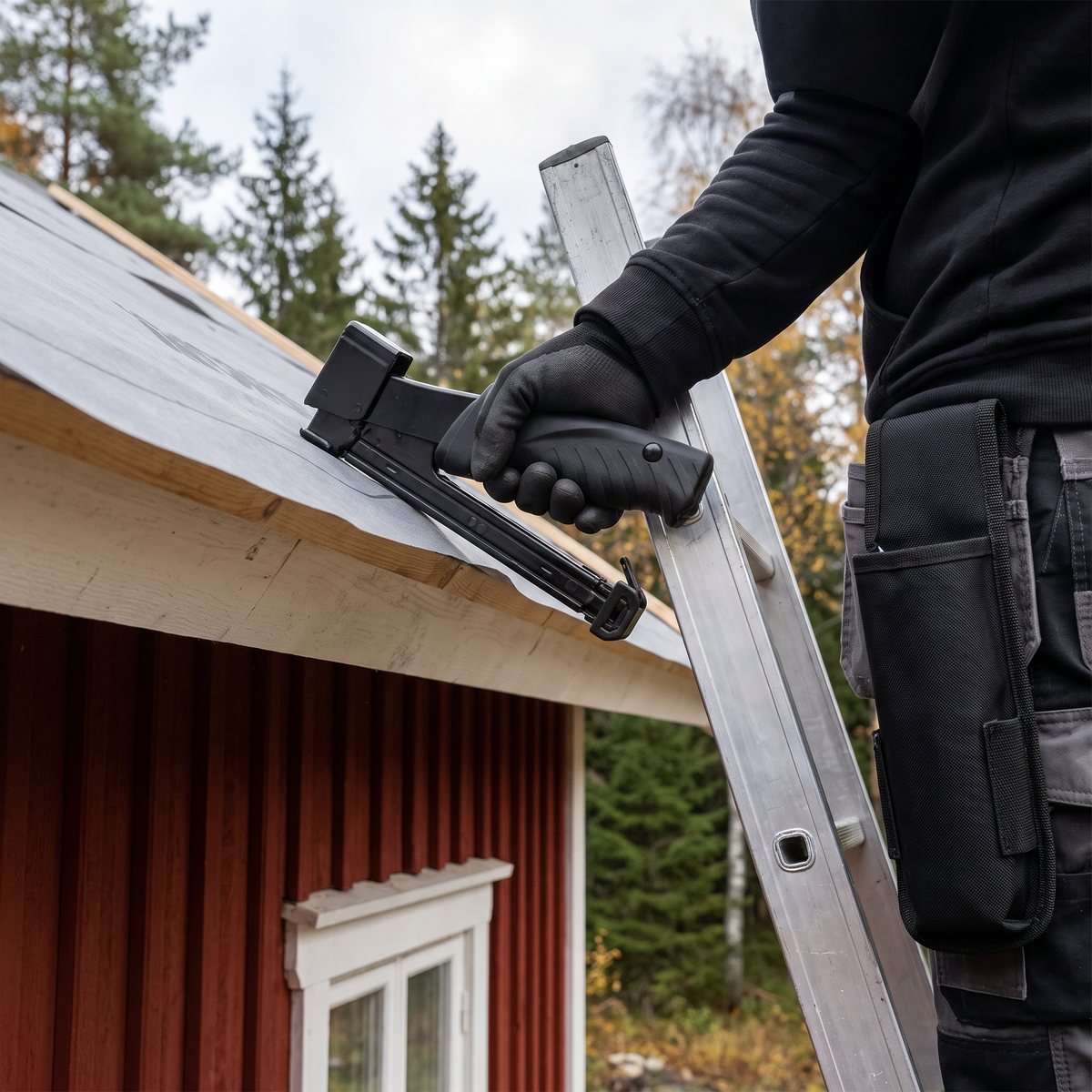 Ironside 100441 häftar underlagspapp vid takfoten på ett rött trähus, med hölstret i bältet