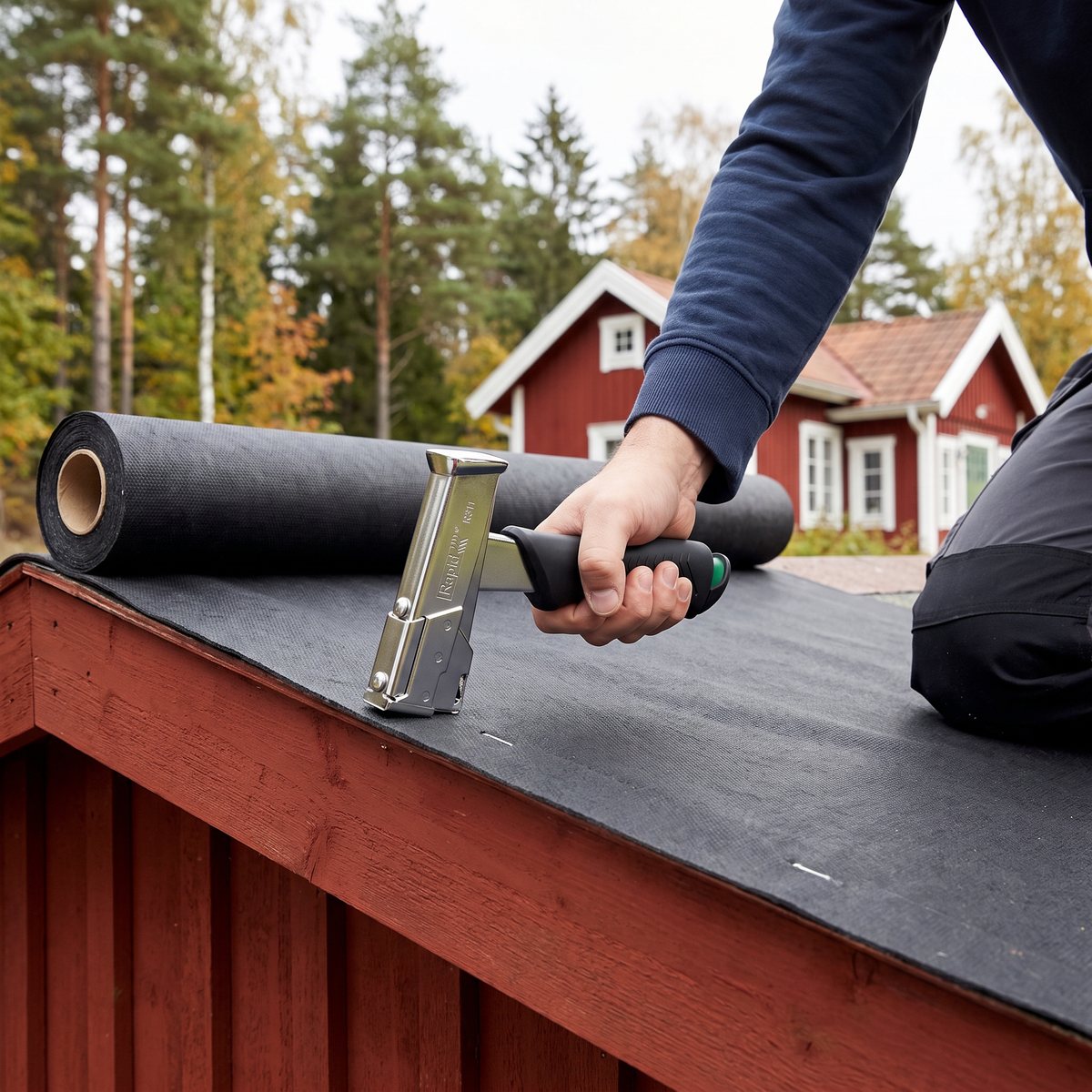 Rapid PRO R311 häftar takpapp på taket till en röd bod i en svensk trädgård