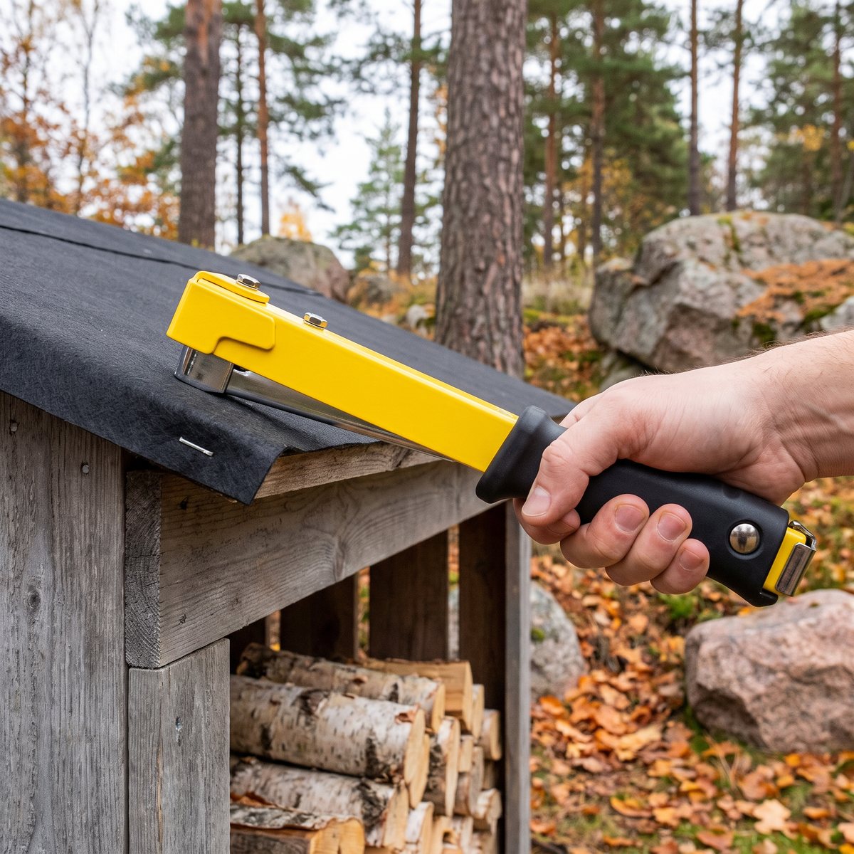 Stanley PHT150 i gult häftar takpapp på en vedbod i en höstig svensk trädgård