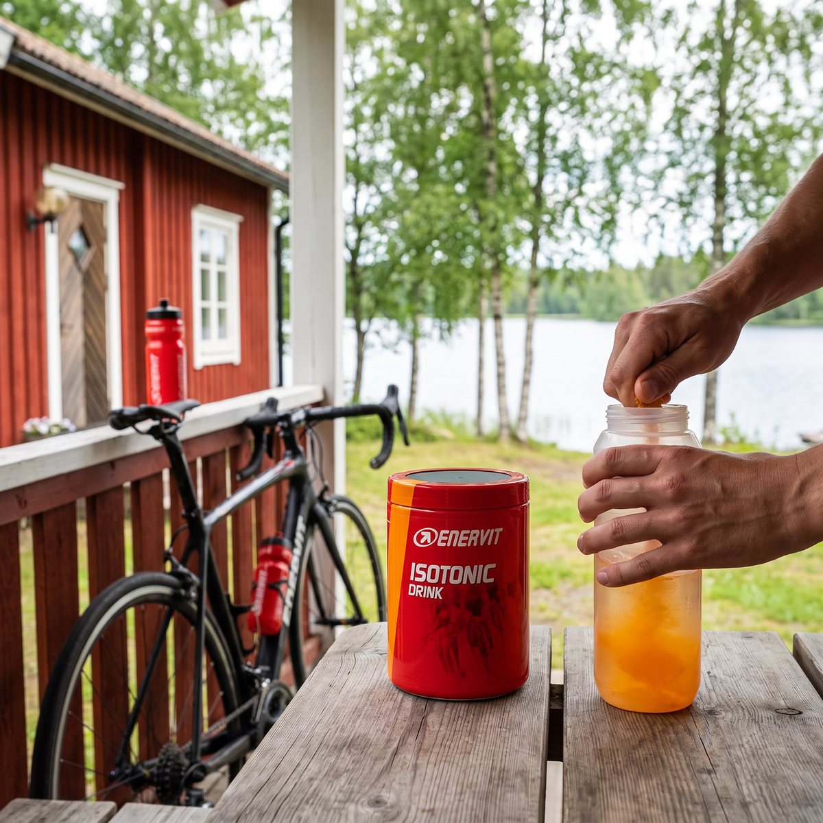 Röd Enervit-burk på ett bord på verandan till en röd stuga vid en svensk sjö, med racercykel och flaska bredvid