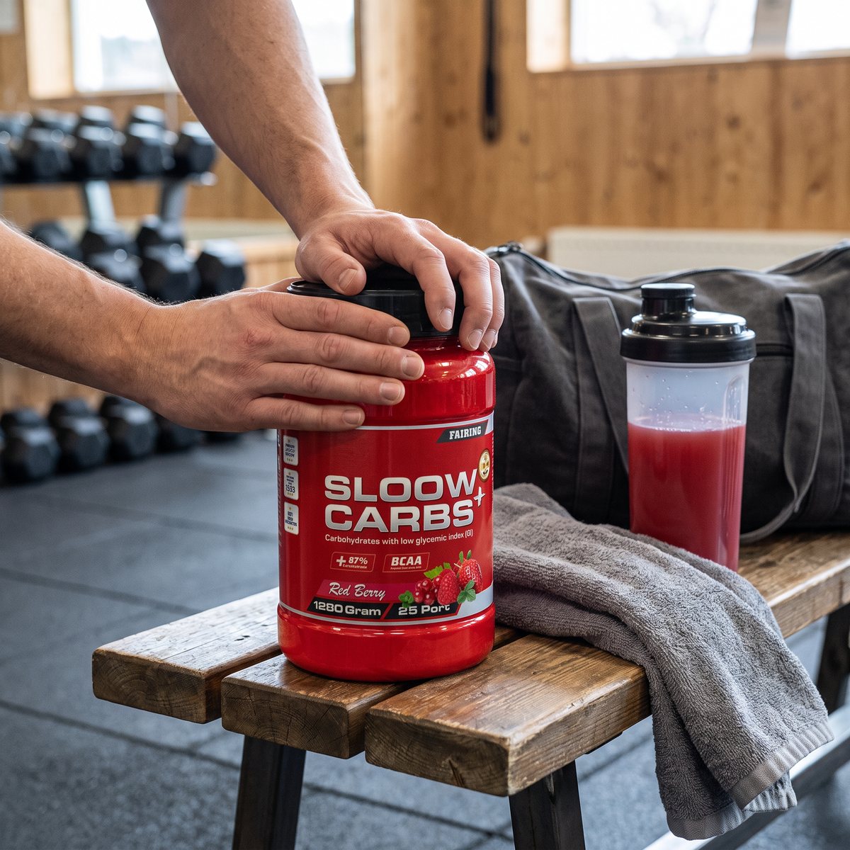 Röd Fairing-burk med svart lock på en bänk i ett svenskt gym bredvid träningsväska och shaker