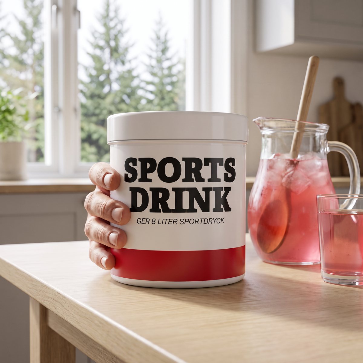 Vit North Nutrition-burk på ett ekbord i ett svenskt kök med kanna rosa hallondryck och glas