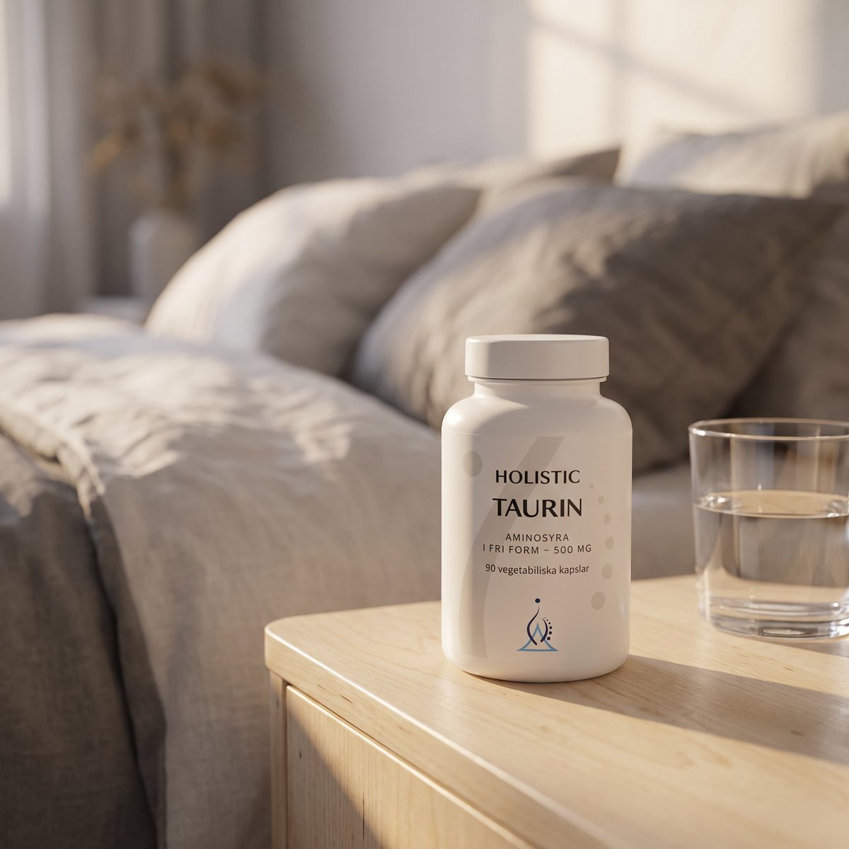 Vit burk med Holistic Taurin på ett nattbord i björk i ett svenskt sovrum, med ett glas vatten