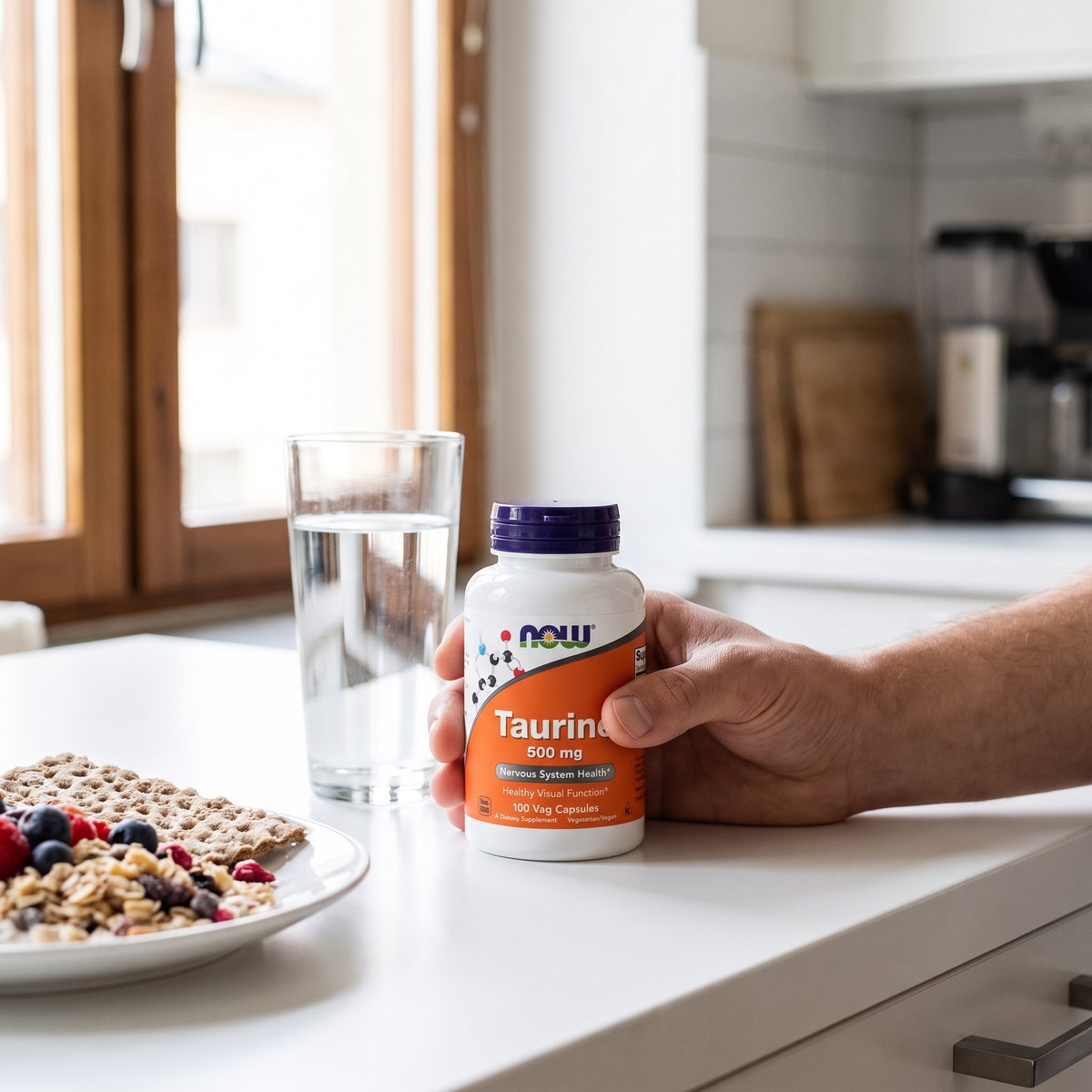 Hand som håller en burk NOW Foods Taurine vid en vit köksbänk i en svensk lägenhet, med ett glas vatten och frukost