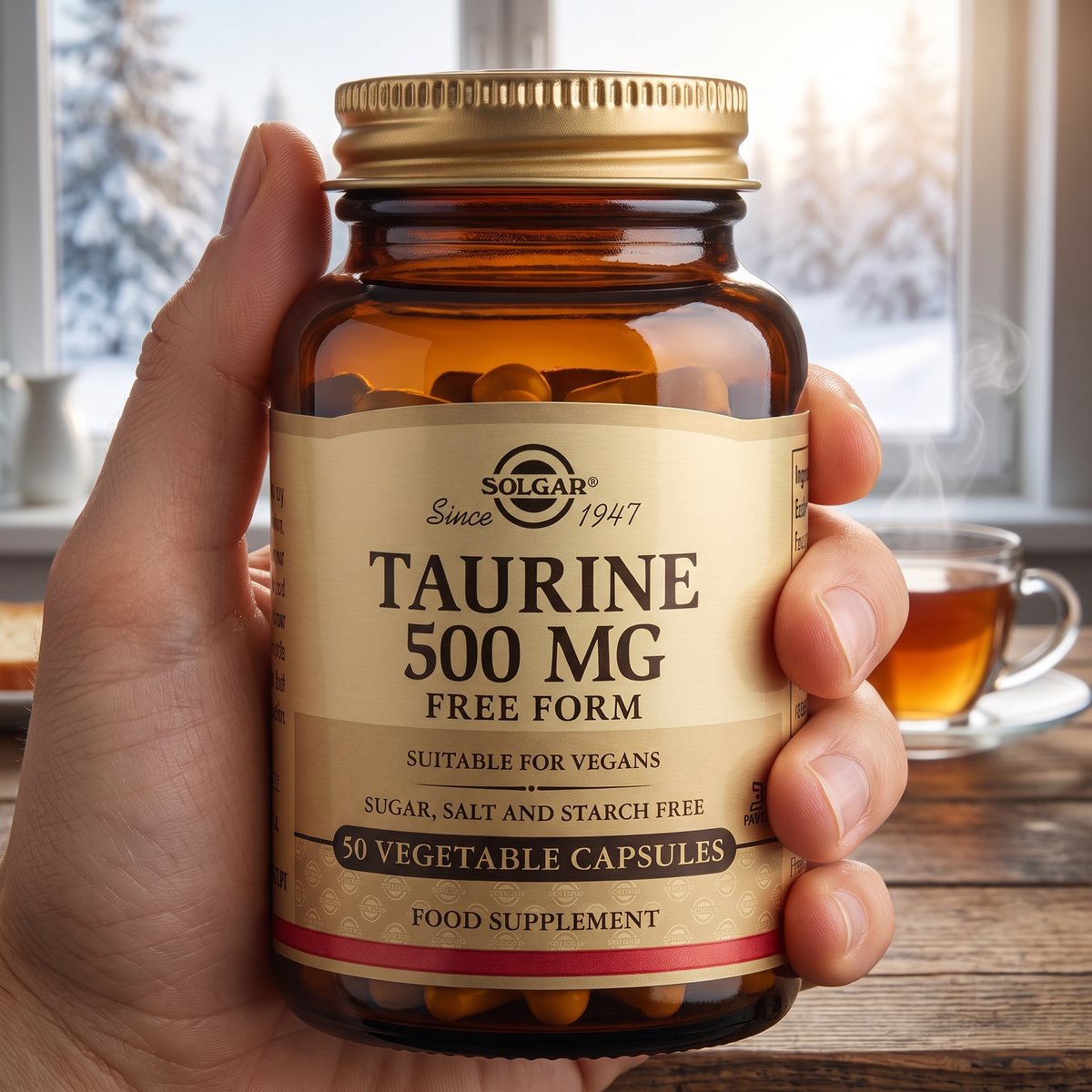 Hand som håller en bärnstensfärgad burk Solgar Taurine vid ett frukostbord i ett svenskt kök med vintervy genom fönstret