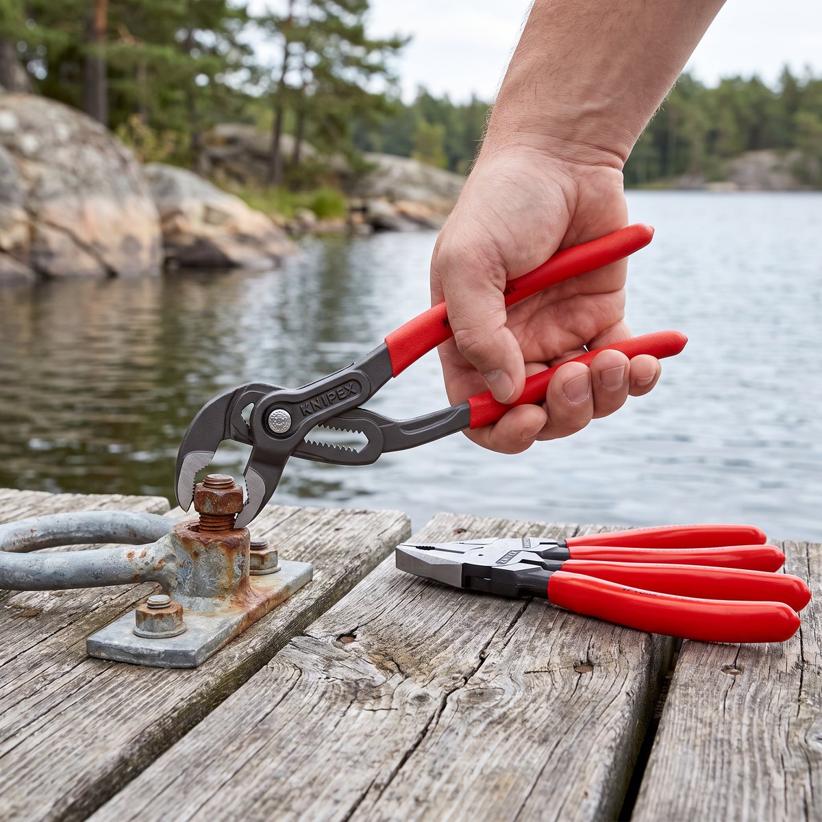 Knipex justerbara rörtång som greppar en rostig mutter på en brygga vid en svensk sjö, med kombinationstången och avbitartången på plankorna