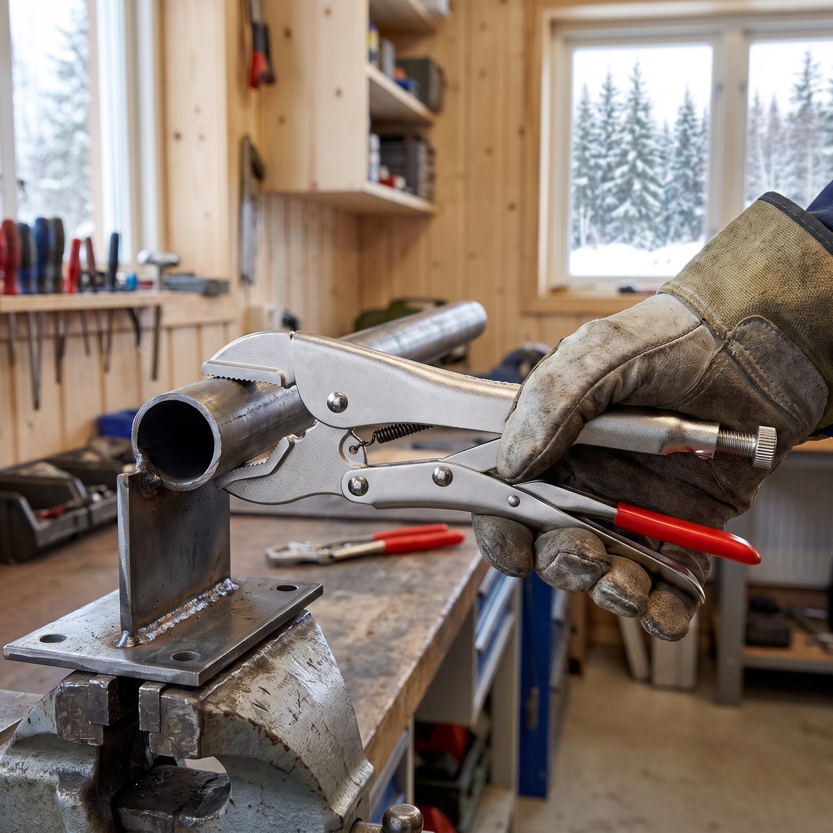 Knipex universal griptång låst runt ett stålrör på en arbetsbänk i ett svenskt garage med snöig granskog utanför