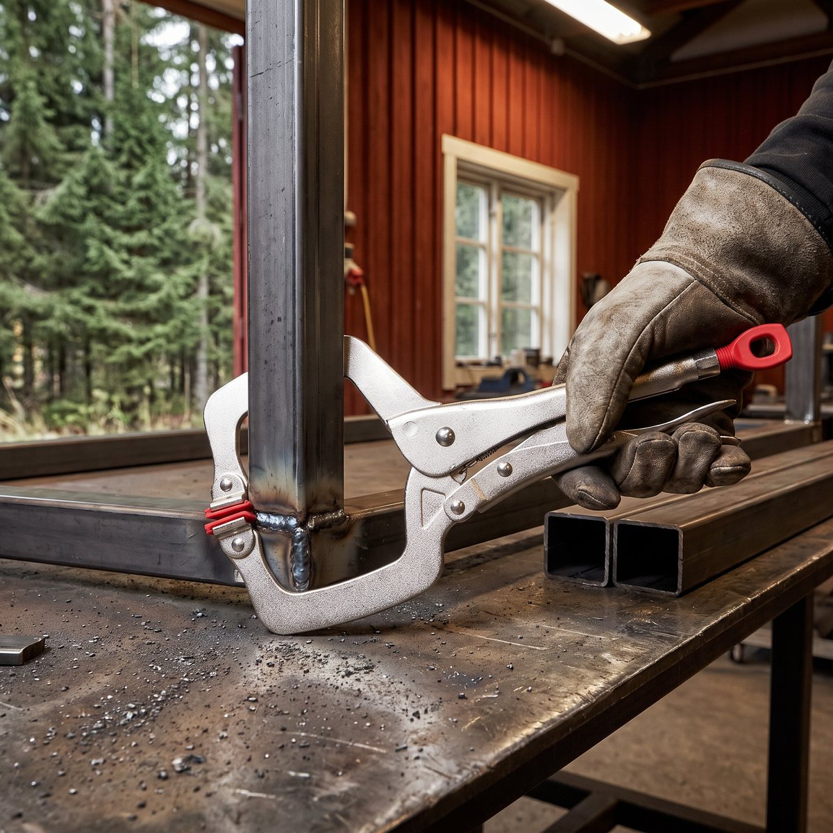 Milwaukee Torque Lock-svetstång håller ihop två fyrkantsrör i rät vinkel på ett svetsbord i en svensk verkstad med röd panelvägg och granskog utanför