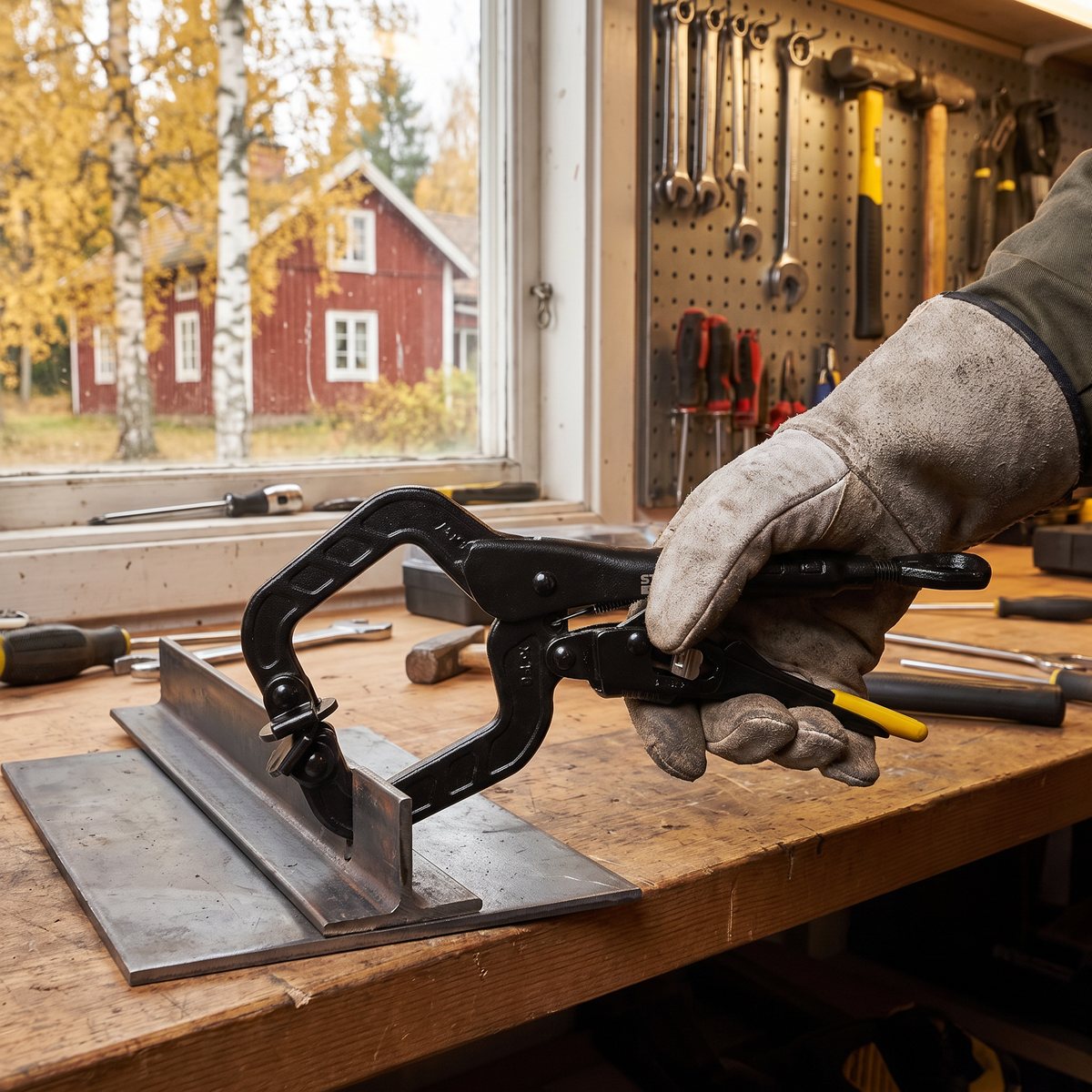 Svart Stanley FatMax-svetstång spänner fast en vinkeljärn mot en stålplåt på en arbetsbänk, rött trähus och björkar utanför fönstret