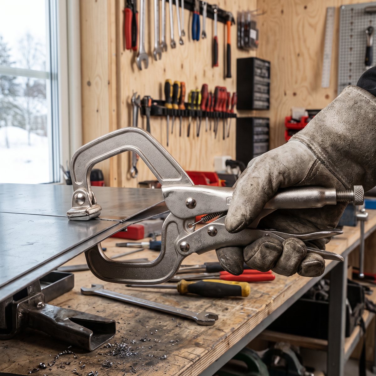 Teng Tools 406SP håller ihop två överlappande stålplåtar på en arbetsbänk i ett svenskt garage med snö utanför fönstret