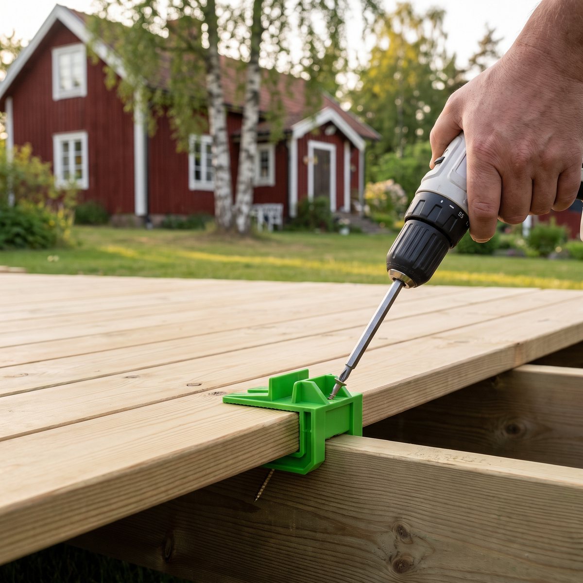 Grön Essve HDS Pro Tool-fixtur på en trallbräda över en regel medan skruven dras snett in, på en ny altan vid ett rött svenskt trähus