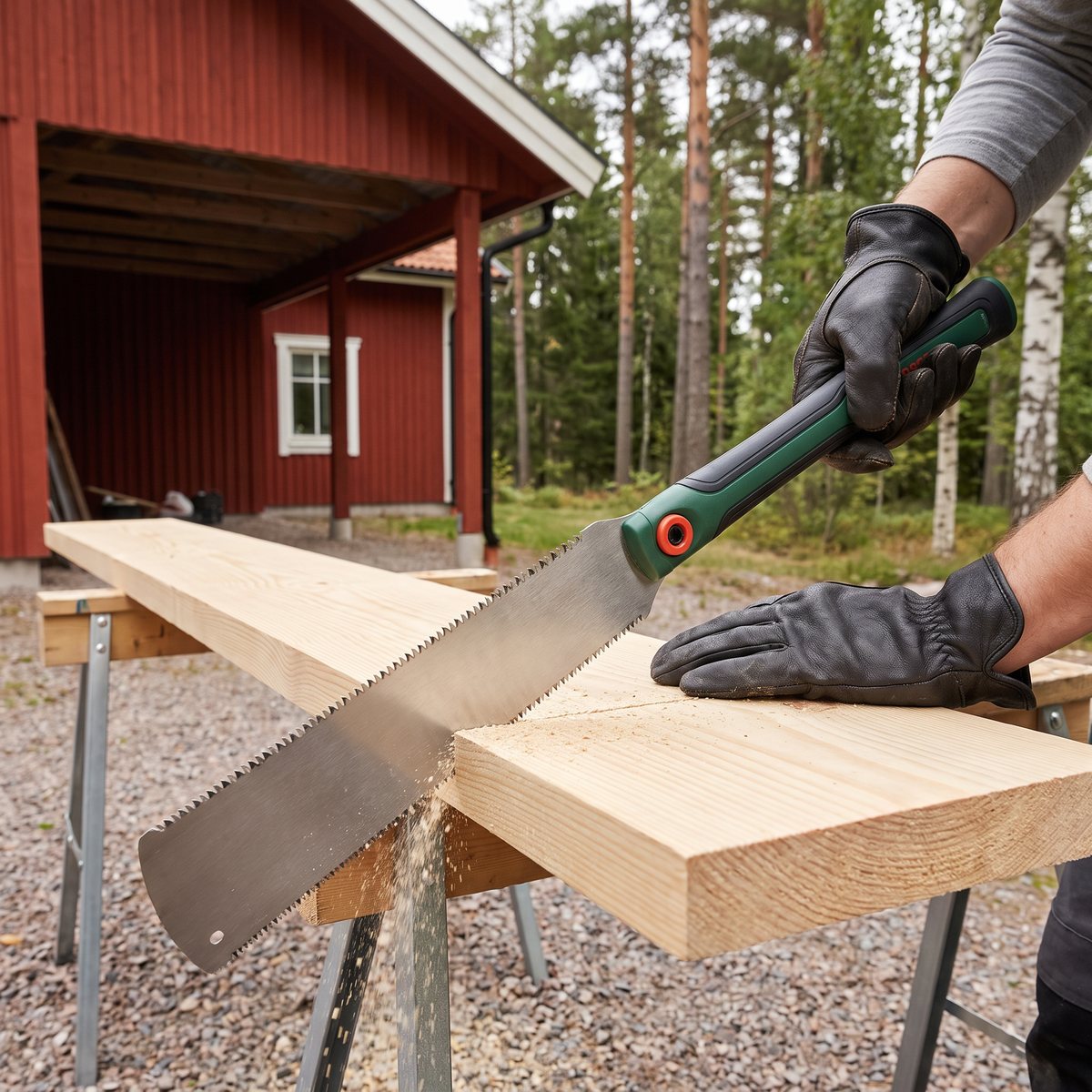 Bosch DIY Ryoba 250 med långt grönt mjukgreppshandtag som klyver en bred furubräda på bockar framför ett rött trähus