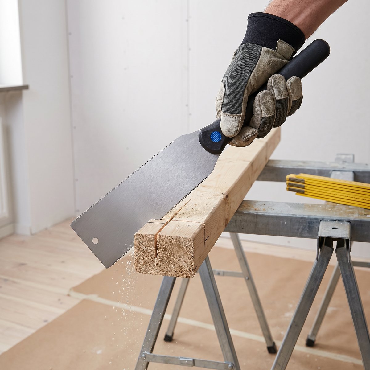 Irwin 10505164 japansåg med svart plasthandtag som kapar en regel på sågbockar vid en lägenhetsrenovering