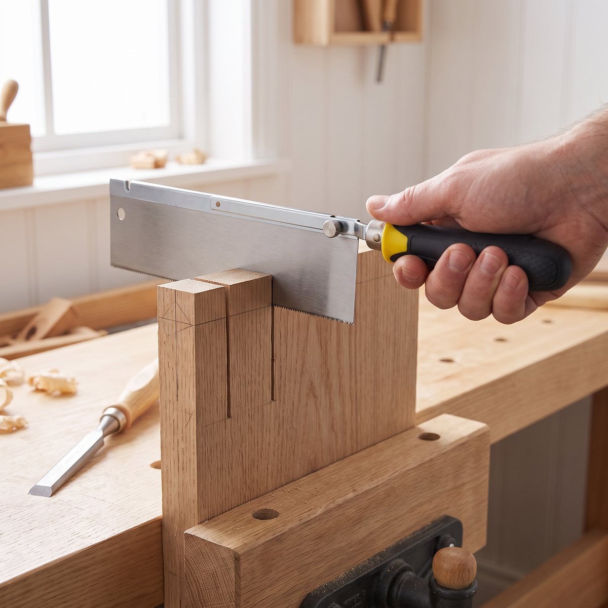 Stanley FatMax 0-15-252 med stålrygg och svart-gult handtag som sågar laxstjärtsfogar i en ekbräda i en hyvelbänk