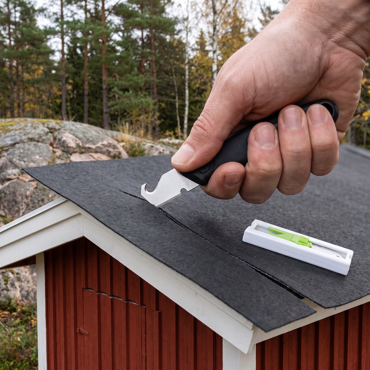 Krokblad i en kniv drar upp takpapp på taket till en faluröd bod, med bladförpackningen bredvid och tallar i bakgrunden