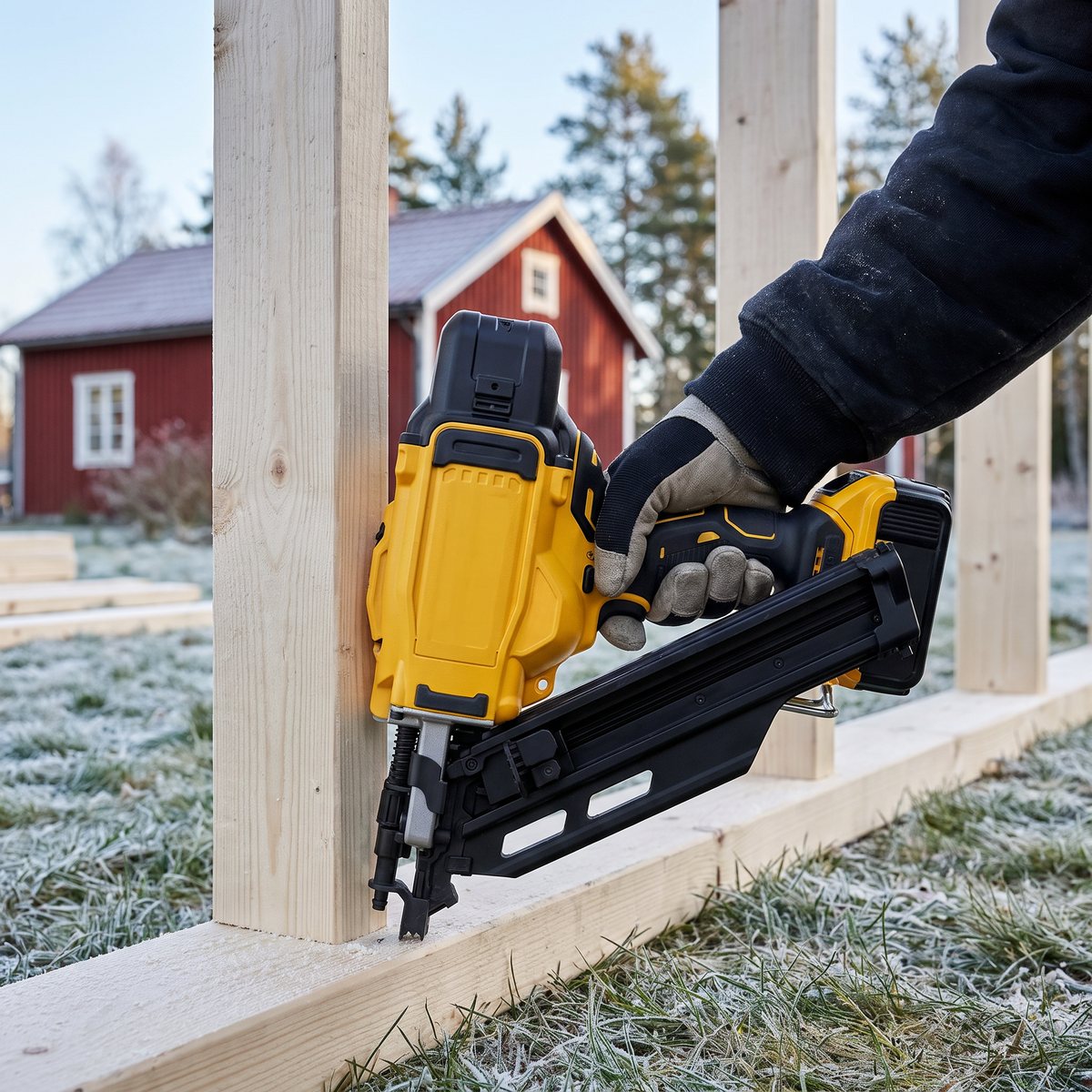 Gul och svart batteridriven stomspikare från Dewalt mot en granregel i en ny väggstomme, frostigt gräs och rött trähus i bakgrunden