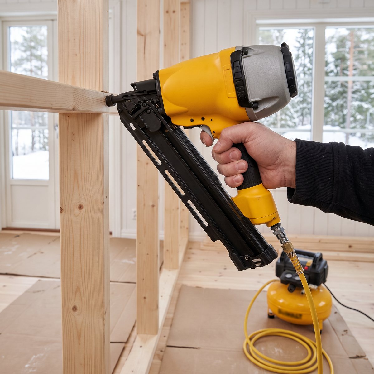 Gul tryckluftsdriven stomspikare från Dewalt med luftslang till en kompressor, i en ny väggstomme inomhus