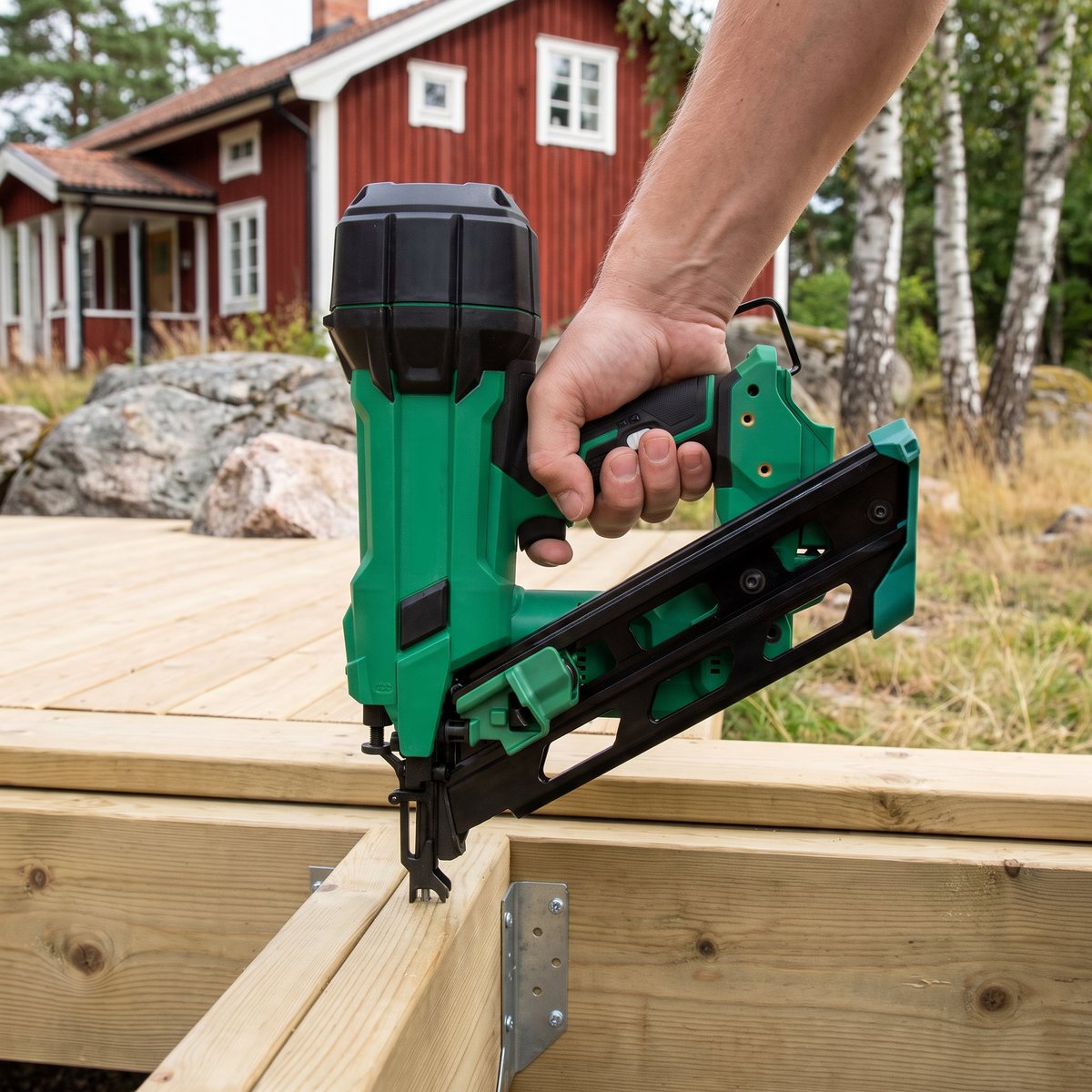 Grön batteridriven stomspikare från HiKOKI som spikar i en altanstomme framför ett rött trähus och björkar