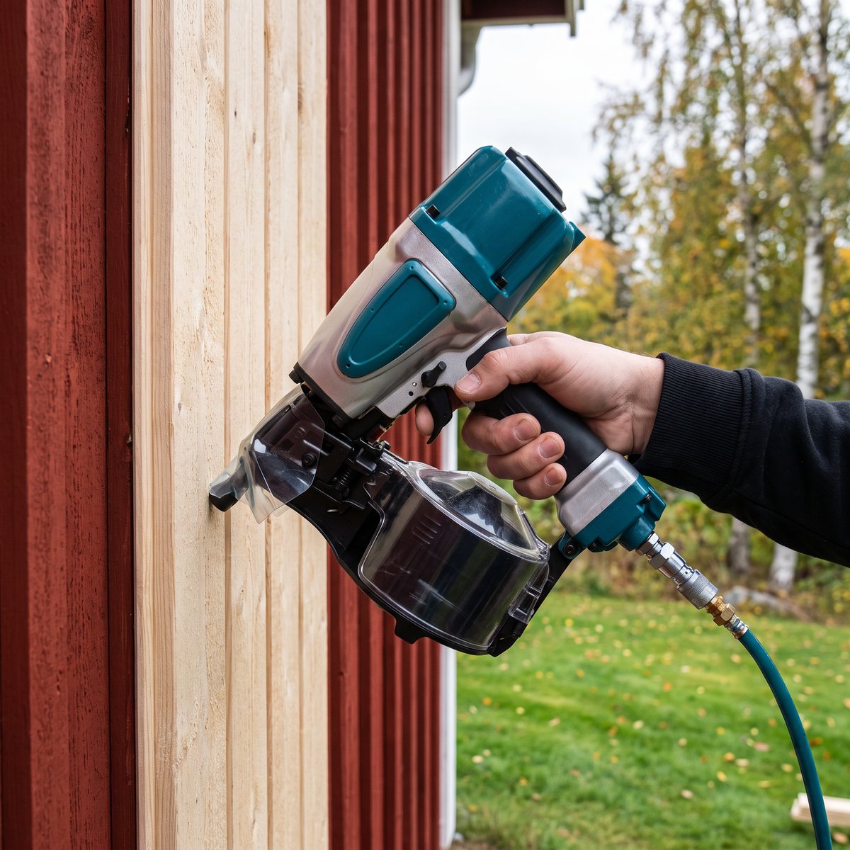 Blågrön och silverfärgad tryckluftsdriven rullspikare från Makita som spikar stående ytterpanel på ett rött hus