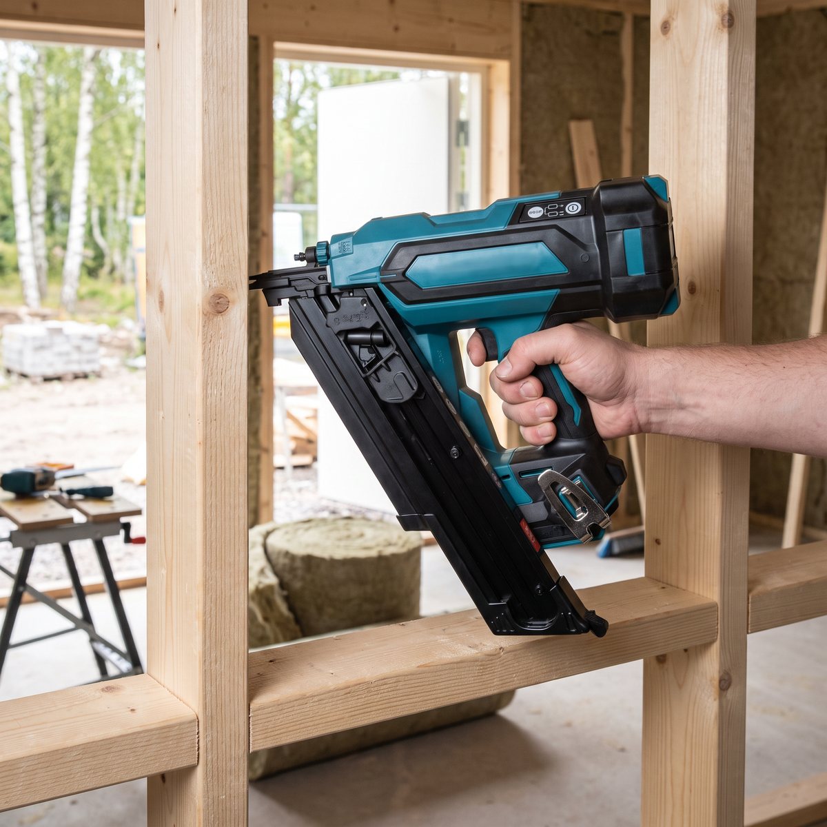 Blågrön batteridriven stomspikare från Makita som spikar en kortling mellan två reglar i en garagestomme