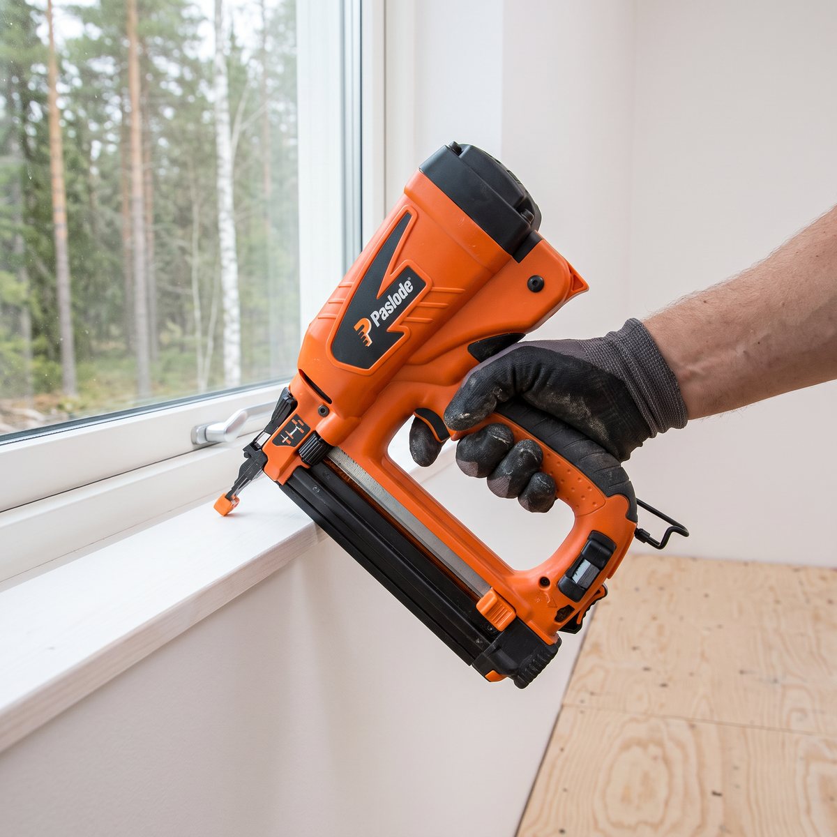Orange gasdriven dyckertpistol i en hantverkares hand vid ett nyinsatt fönster i ett svenskt nybygge