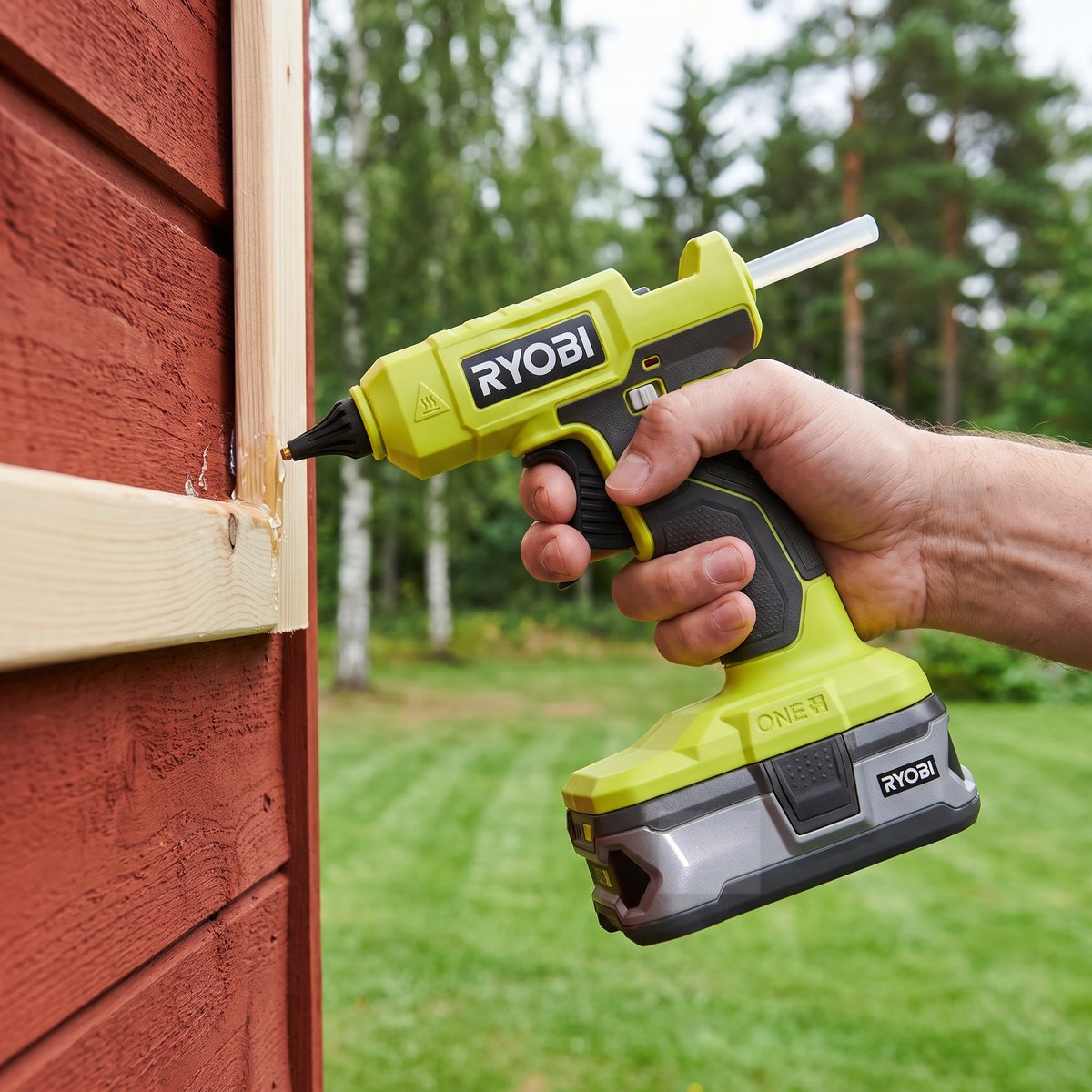 Limegrön Ryobi RGLU18-0 med ONE+-batteri som limmar en träribba på en faluröd bod i en svensk trädgård