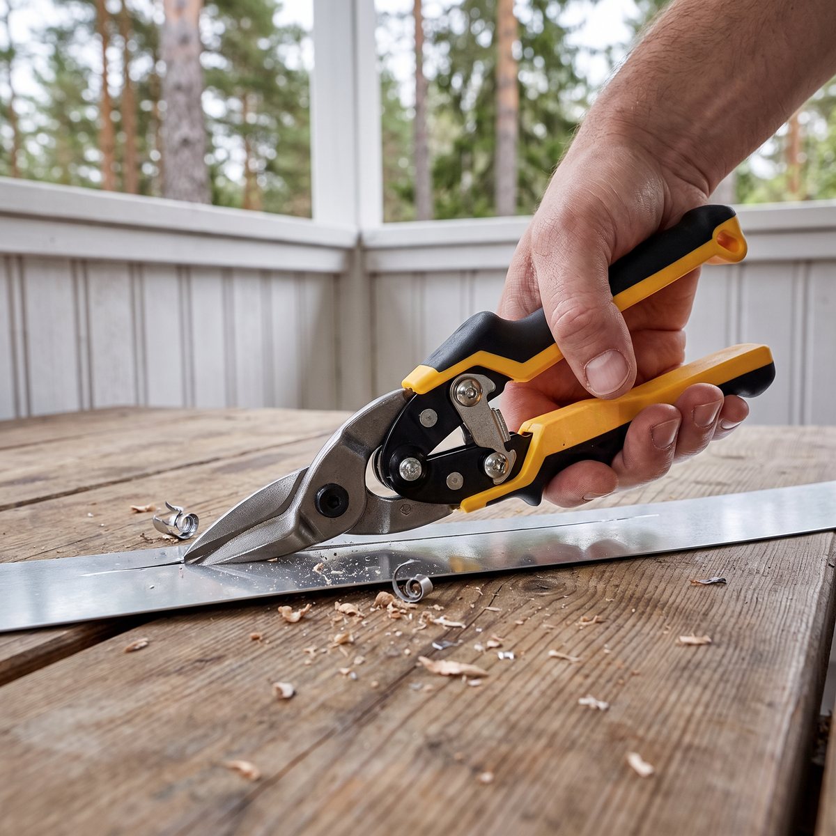 Dewalt DWHT14675-0 Ergo klipper en aluminiumremsa på en veranda i ett sommarhus