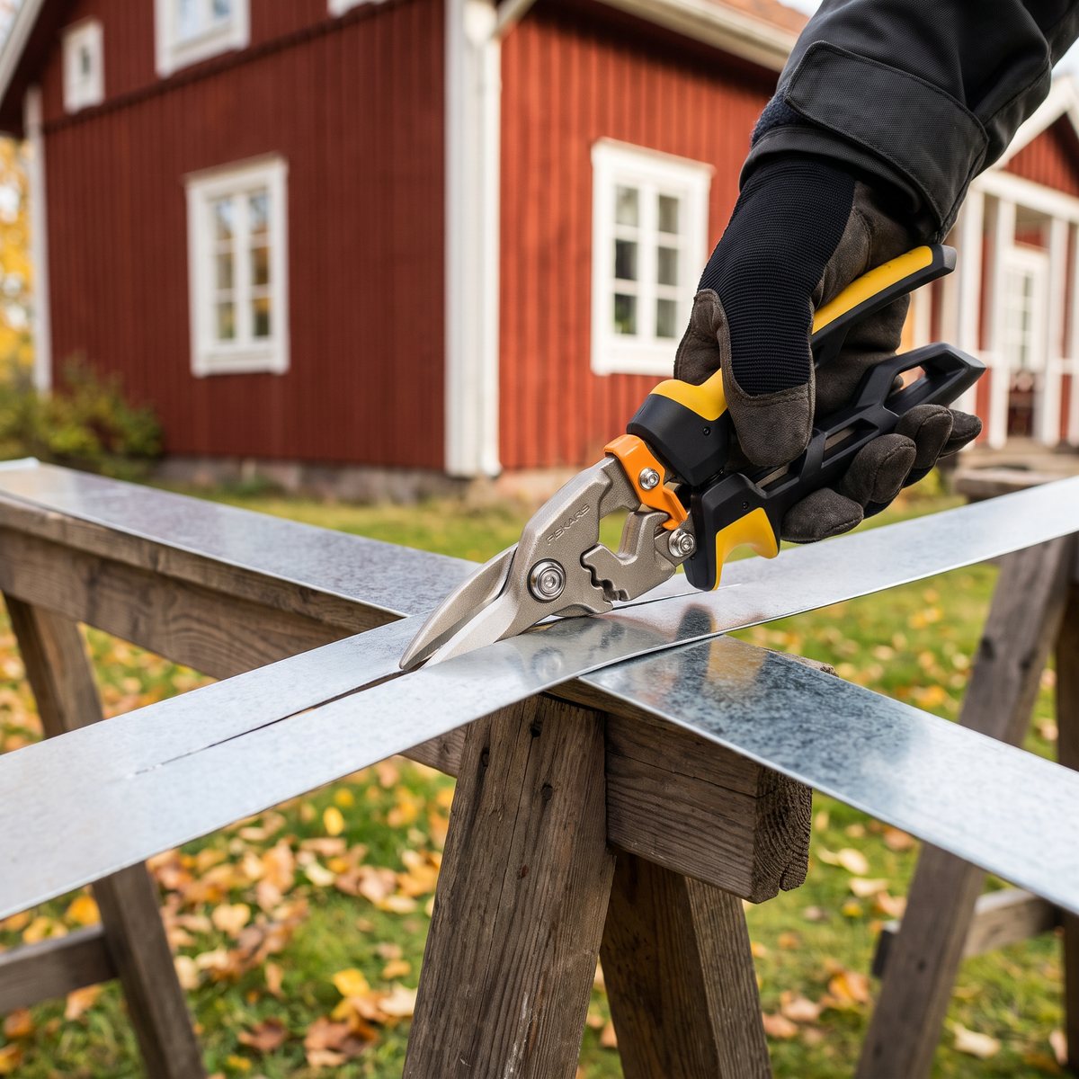 Fiskars PowerGear plåtsax klipper ett rakt snitt i ett fönsterbleck på bockar utanför ett rött trähus