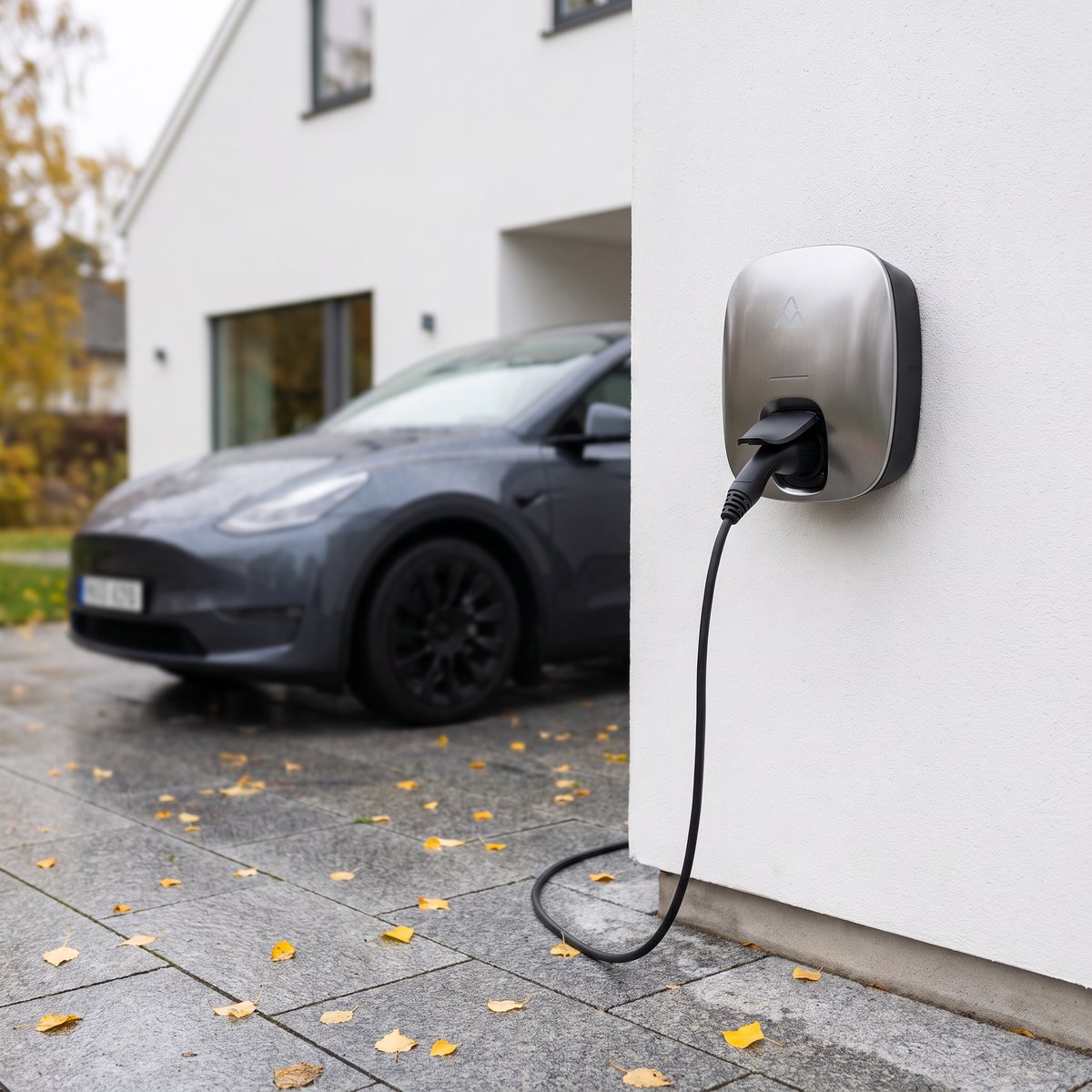 Charge Amps Luna laddbox i borstad silvergrå metall på en vit putsad villavägg, laddkabel inkopplad och elbil på stenlagd uppfart en höstdag