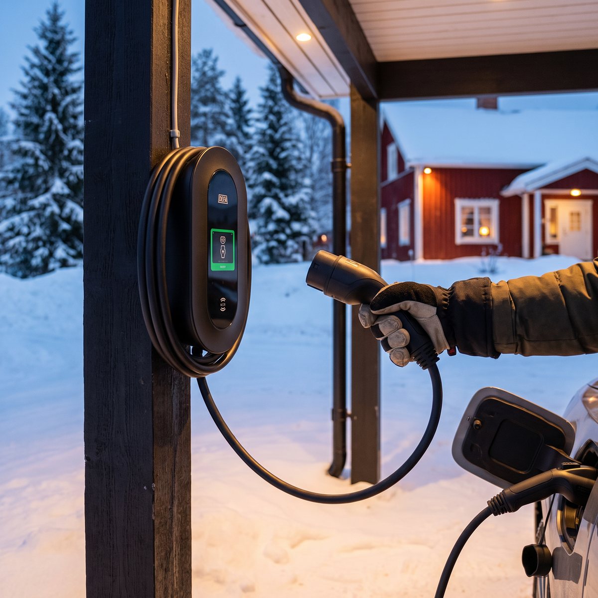Defa Power laddbox på en carportstolpe en snöig vinterkväll, en hand i handske tar laddkabeln mot bilen