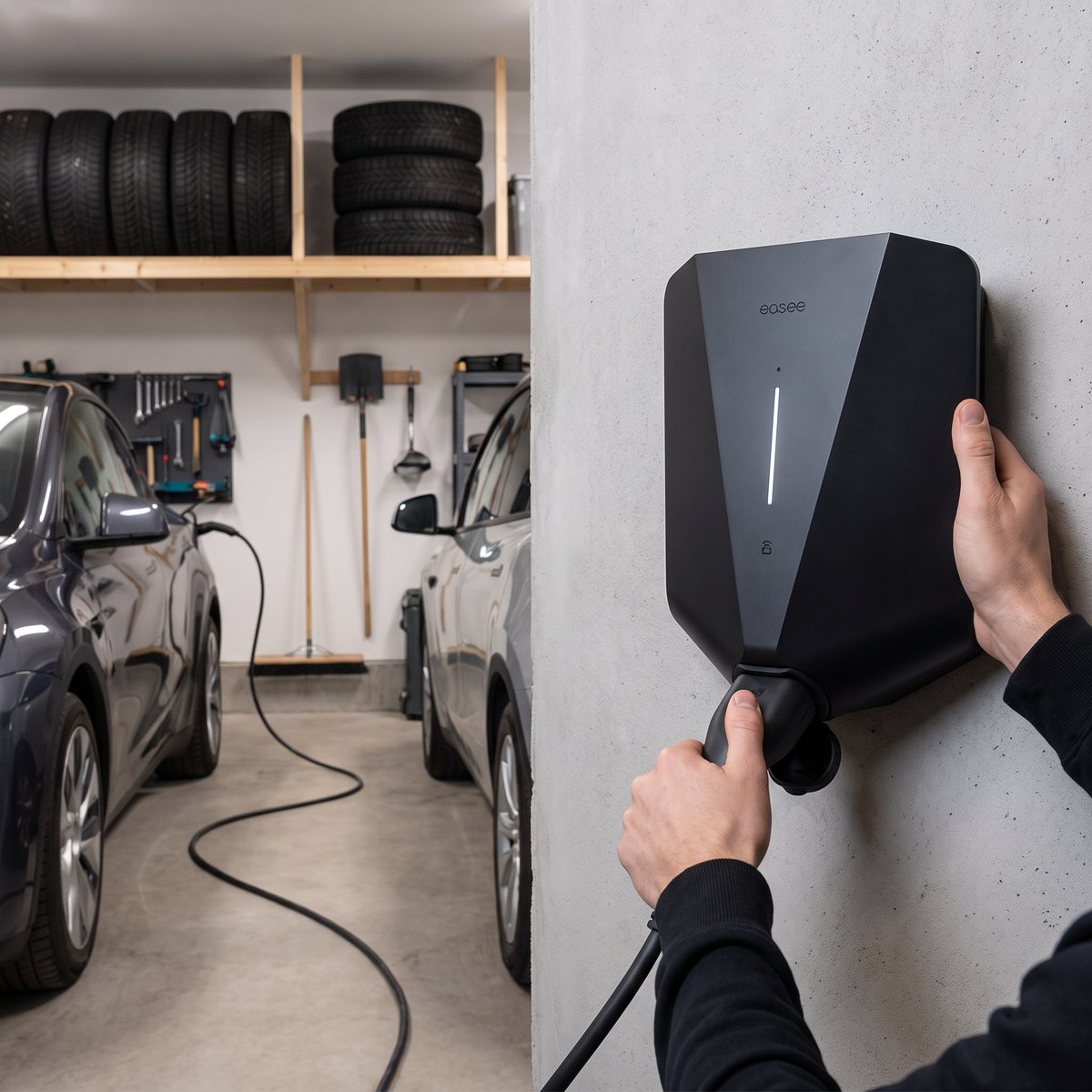 Easee Max laddbox på väggen i ett svenskt garage med två elbilar och vinterdäck på hyllan