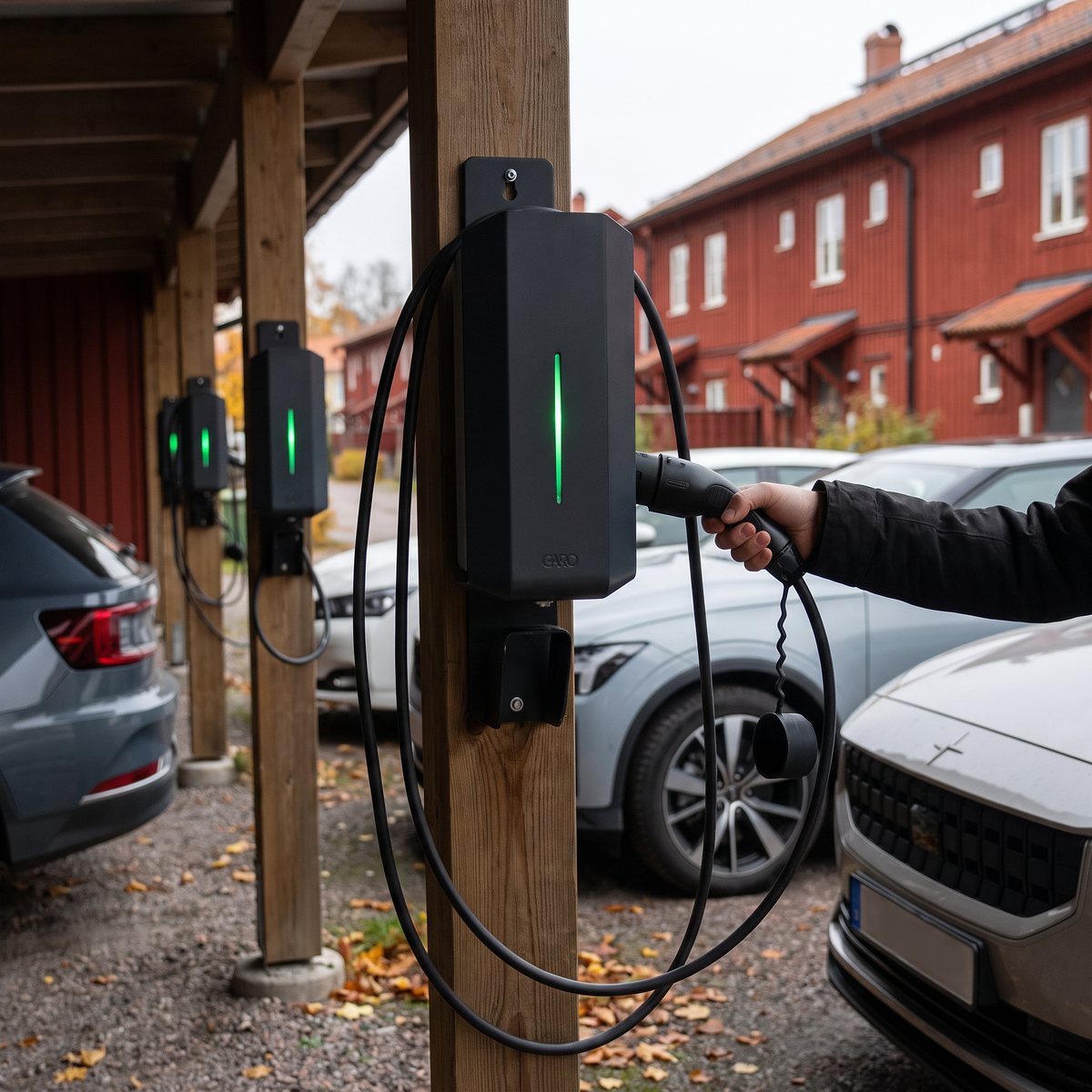 Garo GLB laddbox på en stolpe i en samfällighets carport med flera laddboxar och elbilar i rad
