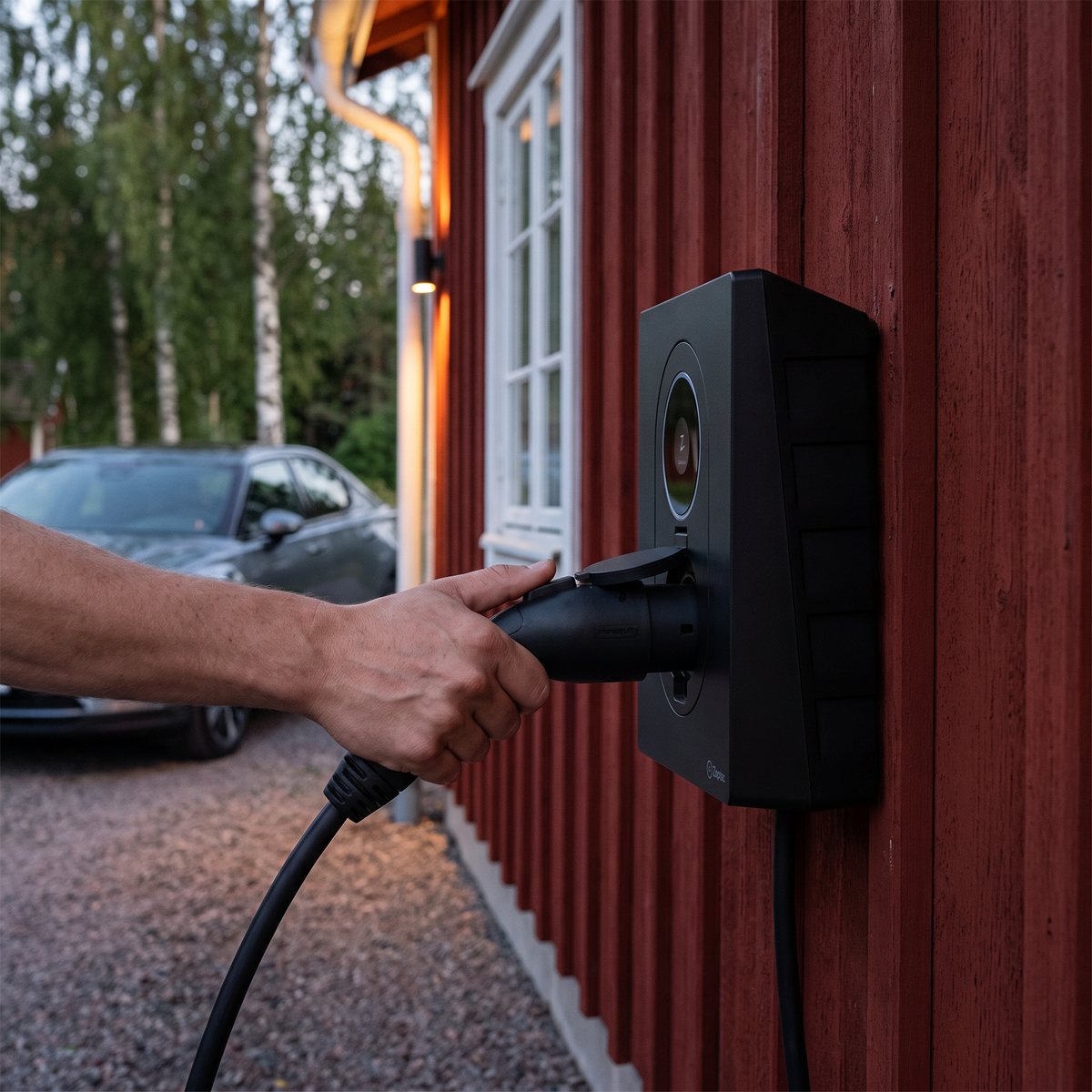 Zaptec Go 2 laddbox på en röd träfasad vid uppfarten, en hand sätter i laddkontakten
