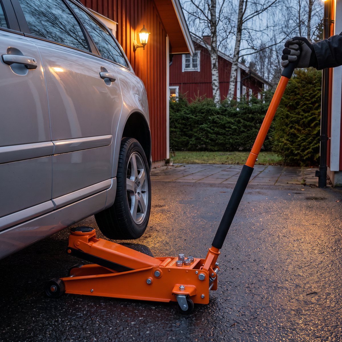 Orange Bahco BH1EU3000 garagedomkraft med hjulmuttrar i brickan under en silverfärgad kombi på en blöt uppfart vid ett rött trähus en novemberkväll