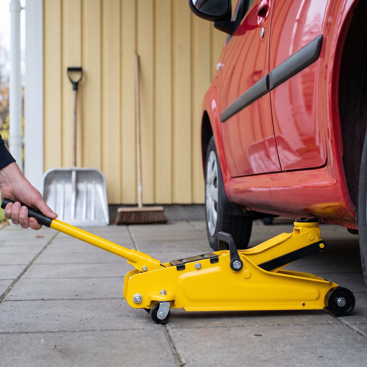 Gul Stanley STMT81251-1 garagedomkraft under en röd småbil i en carport vid ett gult trähus med snöskyffel mot väggen