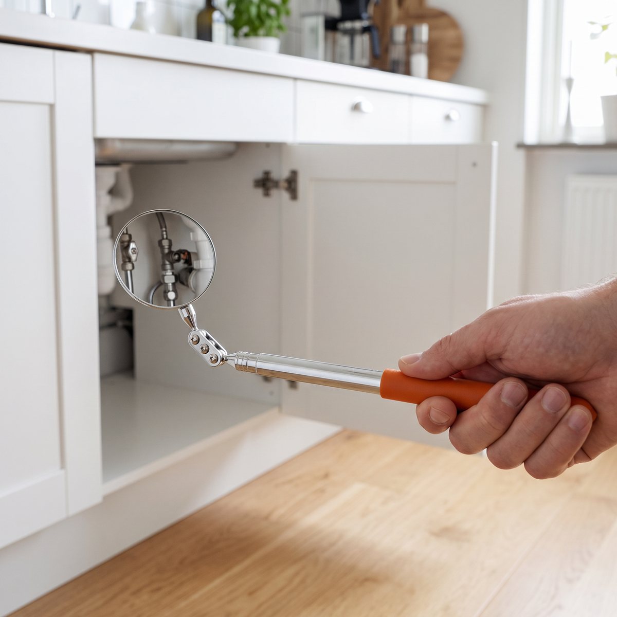 Teleskopspegel med orange grepp som riktas in under en köksbänk i ett svenskt kök
