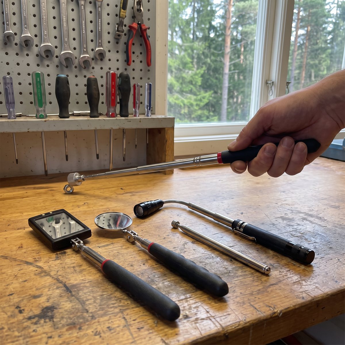 Teleskopiskt spegel- och magnetset på en arbetsbänk i en svensk hemmaverkstad