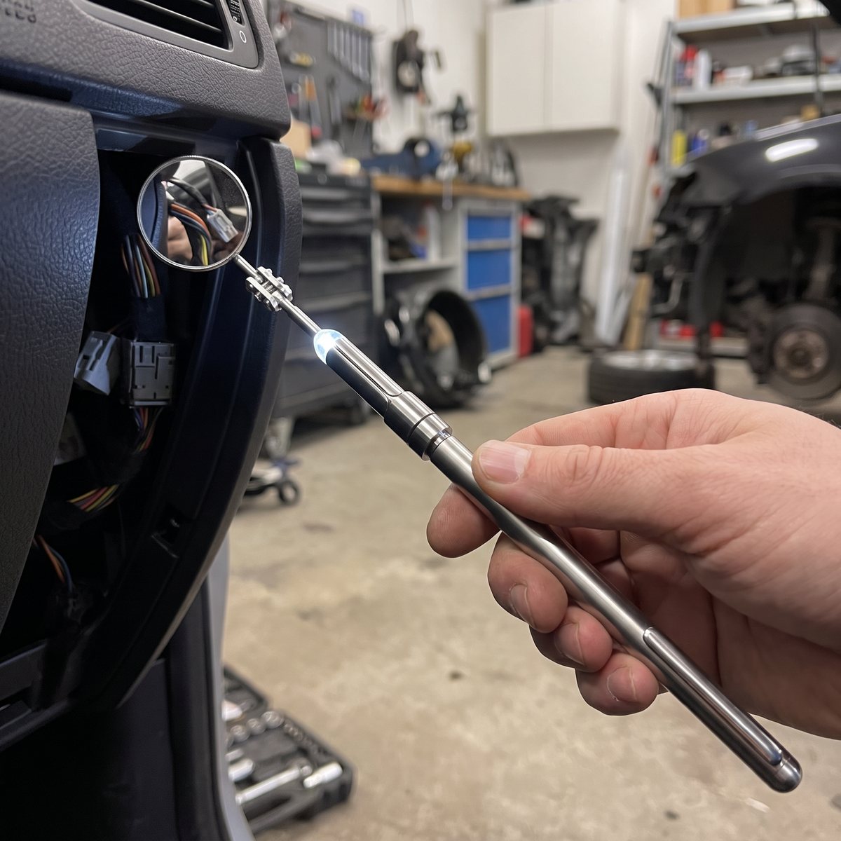 Smal LED-spegel som förs in bakom en instrumentbräda i ett svenskt garage