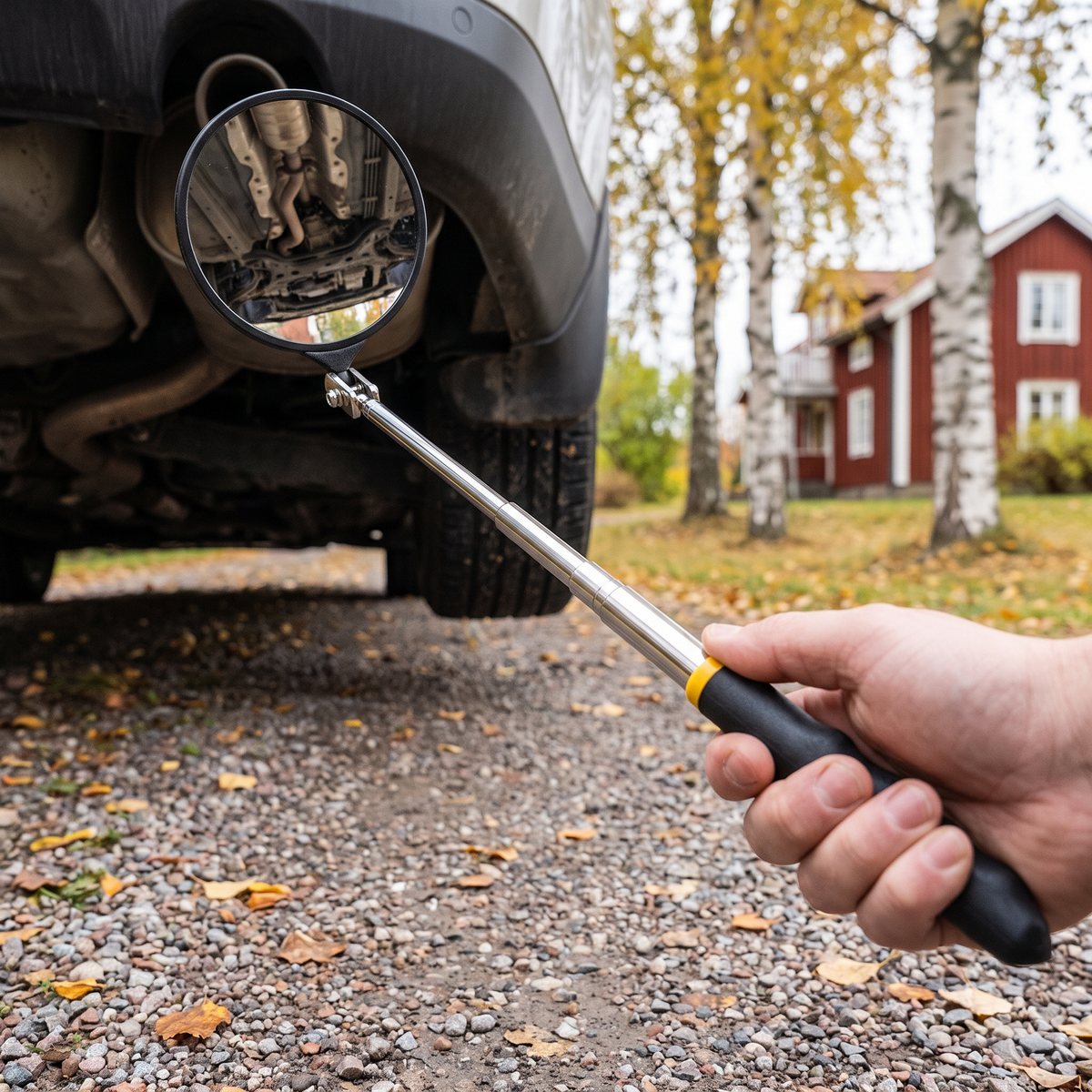 Lång teleskopspegel som förs in under en bil på en grusuppfart med björkar och rött trähus