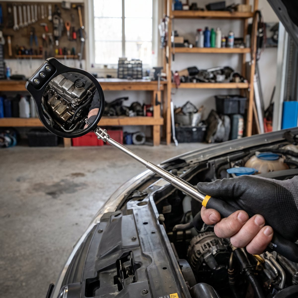 Teleskopisk inspektionsspegel med LED som hålls in i ett motorrum i ett svenskt garage